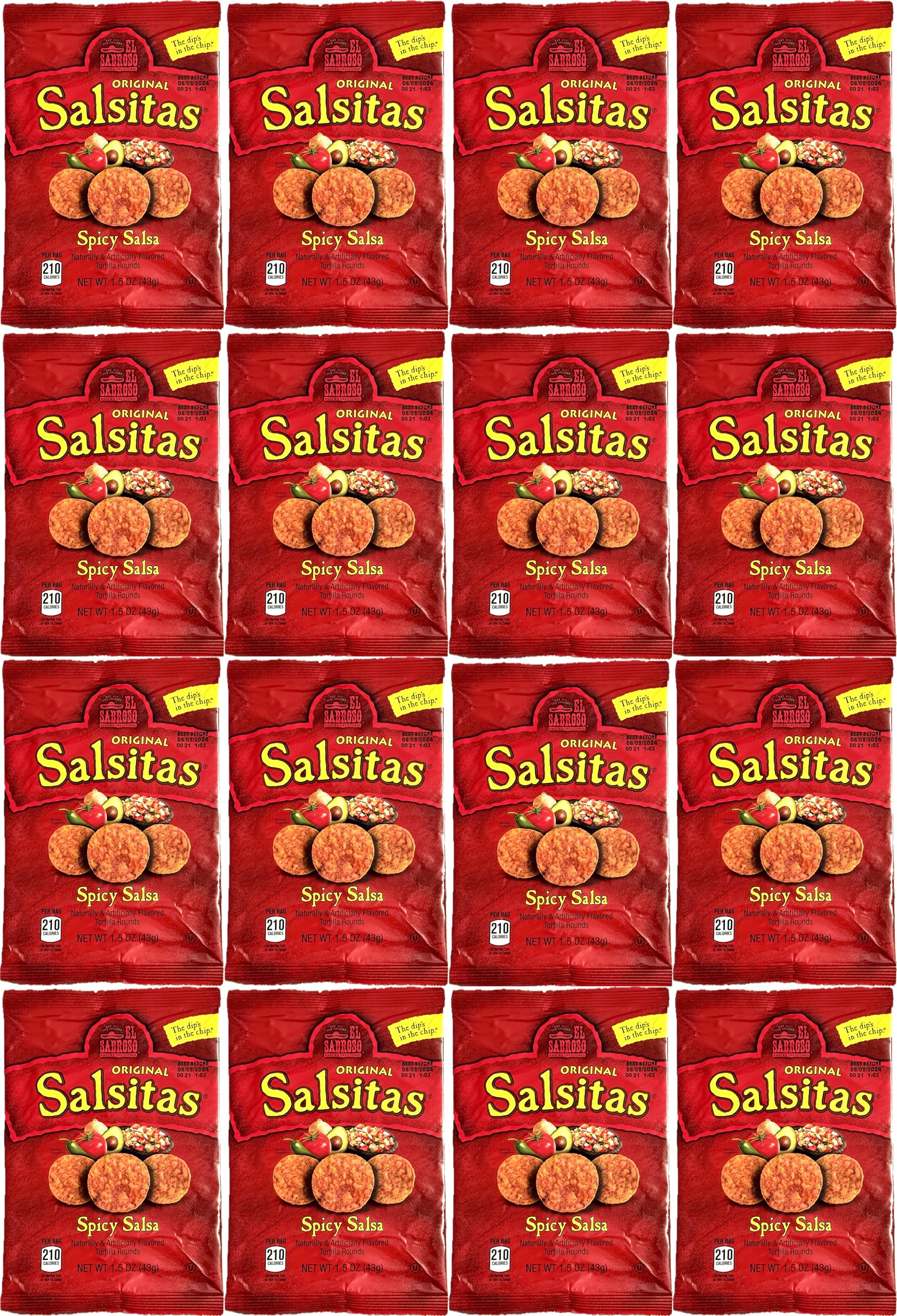 El Sabroso Salsitas Spicy Salsa Round Tortilla Chips, 1.5oz Bags (Pack of 16, Total of 24 Oz) bundled by SUPERDEALS with mystery gift in every order