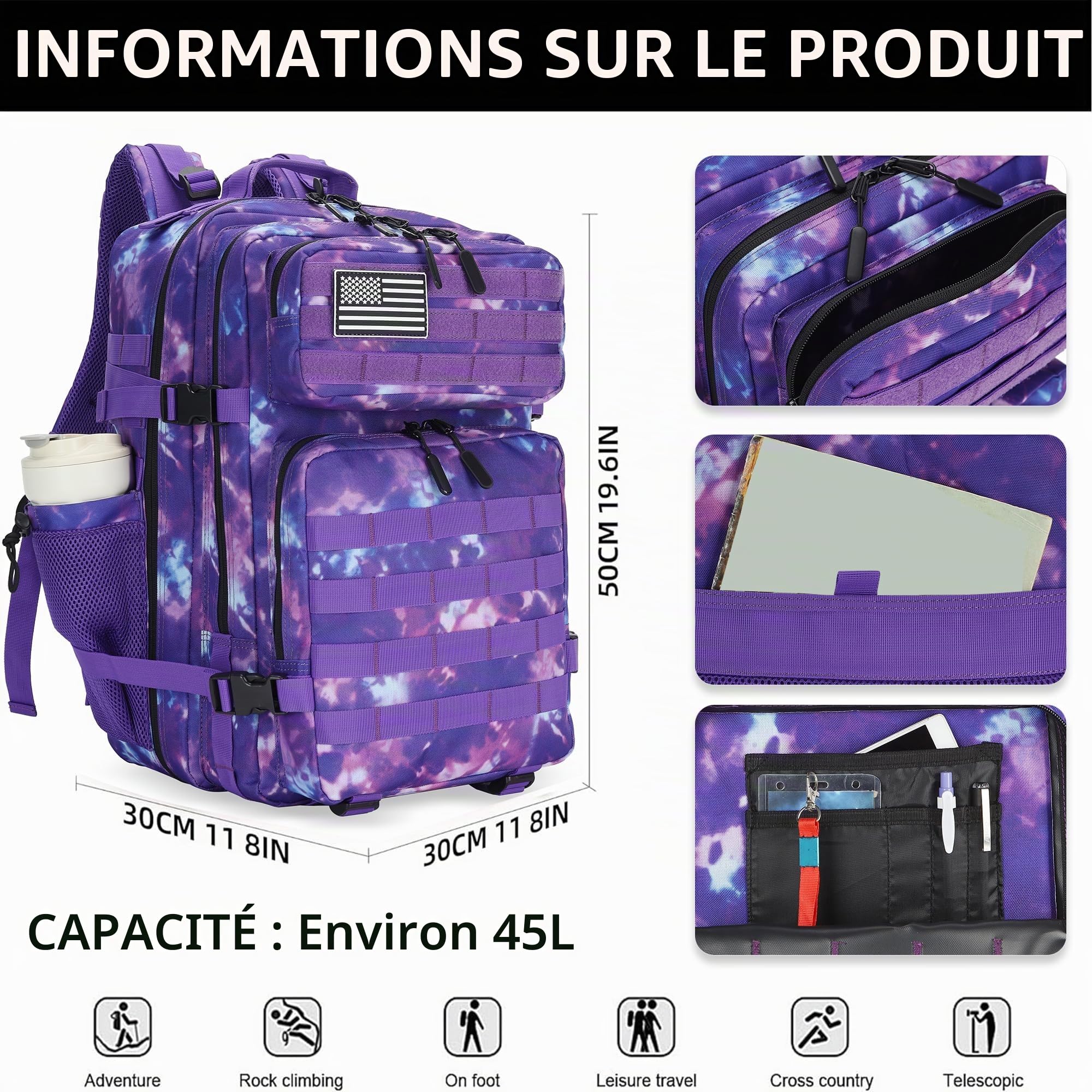 Lovelinks21 Sac à dos tactique d'assaut de 45 l avec sac à dos imperméable Molle pour sacs à dos tactiques, violet/camouflage, Large, Sac à dos