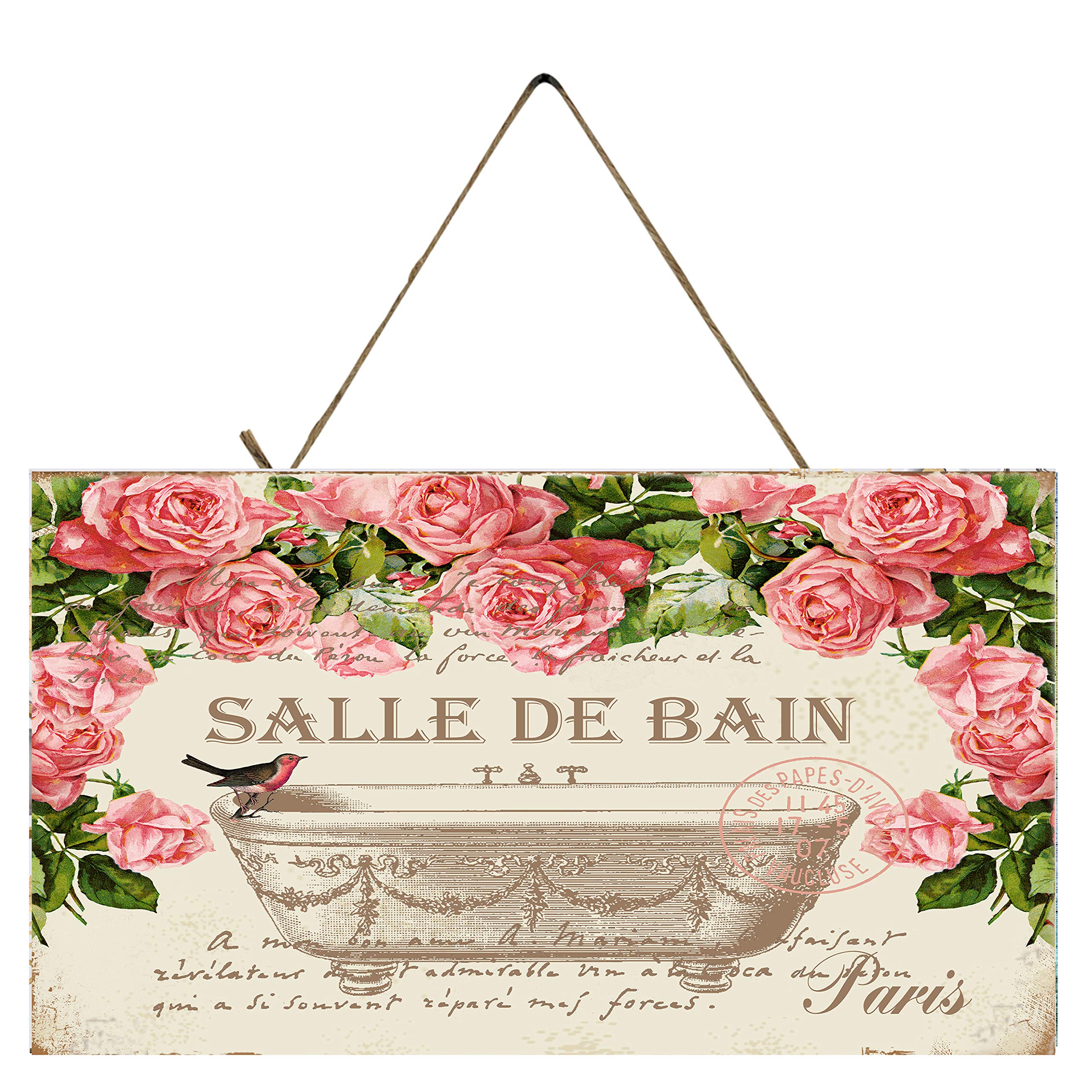 Pink Roses Salle de Bain Bathroom Printed Wood Sign