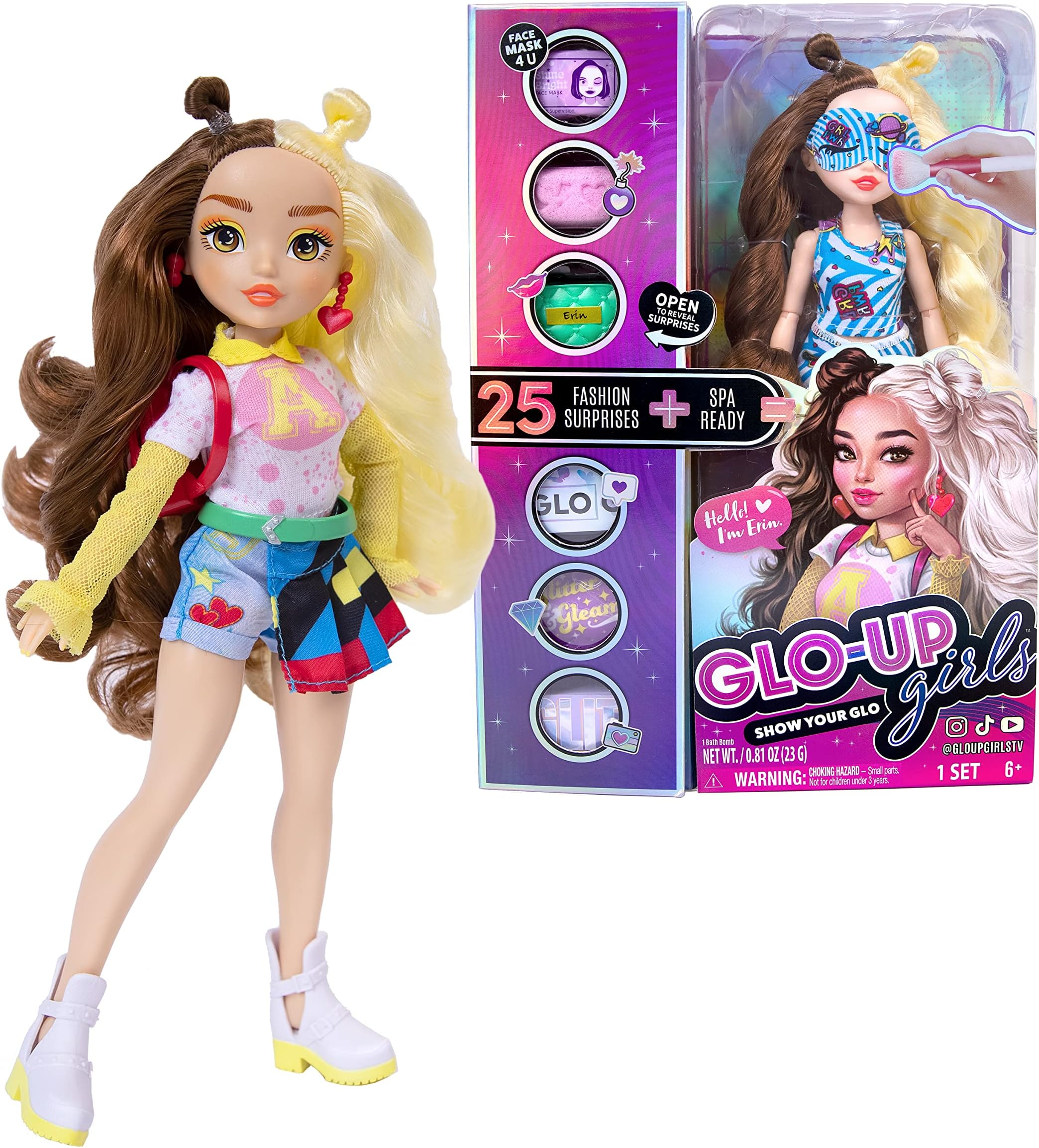 Far Out Toys GLO-UP Girls Erin Alternative Girl Fashion Doll, 25 Fabulous Suprises, Accessories, Purses, Bath Bomb, Spa Face Masks, Color-Changing Nail Play
