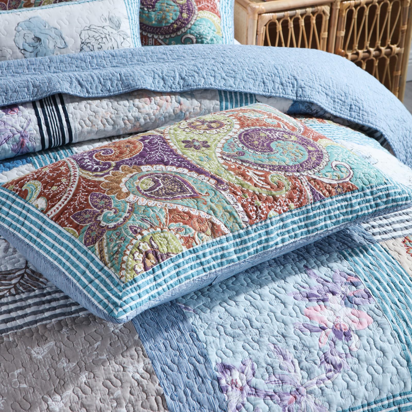 Copriletto Matrimoniale 220x240 Cm Blu A Fiori - Set 3 Pezzi In Microfibra - Foto 6