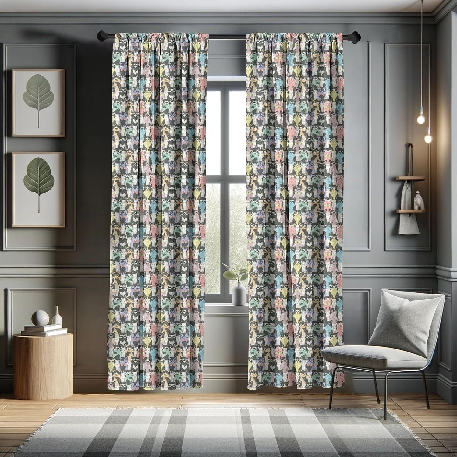 Ambesonne Cat Curtains, Pattern with Hipster Playful Feline Characters with Glasses and Bowties Vintage Style, Window Treatments 2 Panel Set for Living Room Bedroom, Pair of - 28" x 95", Dimgrey