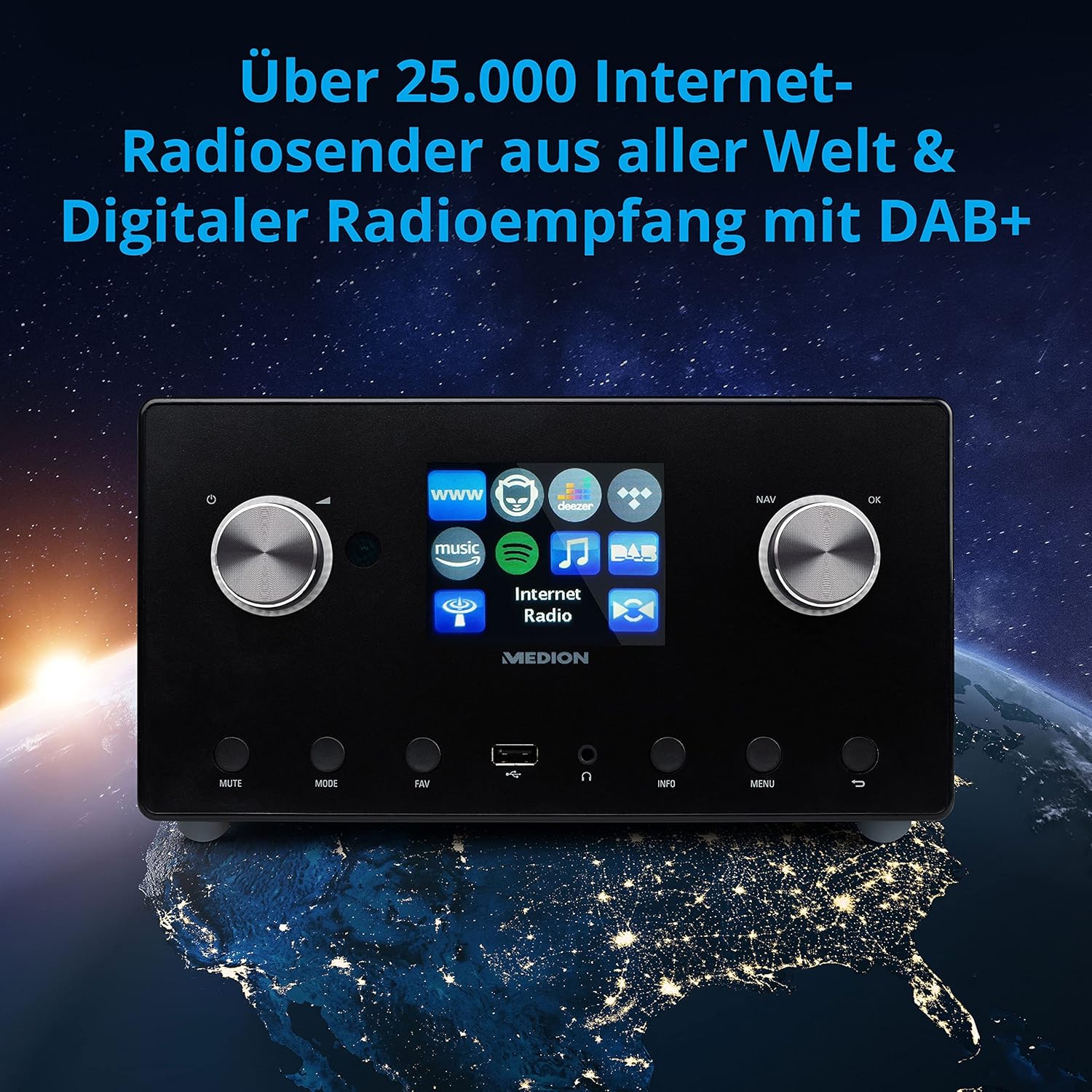 MEDION P85295 Internet Radio on a globe background, illustrating global internet radio and DAB+ reception.
