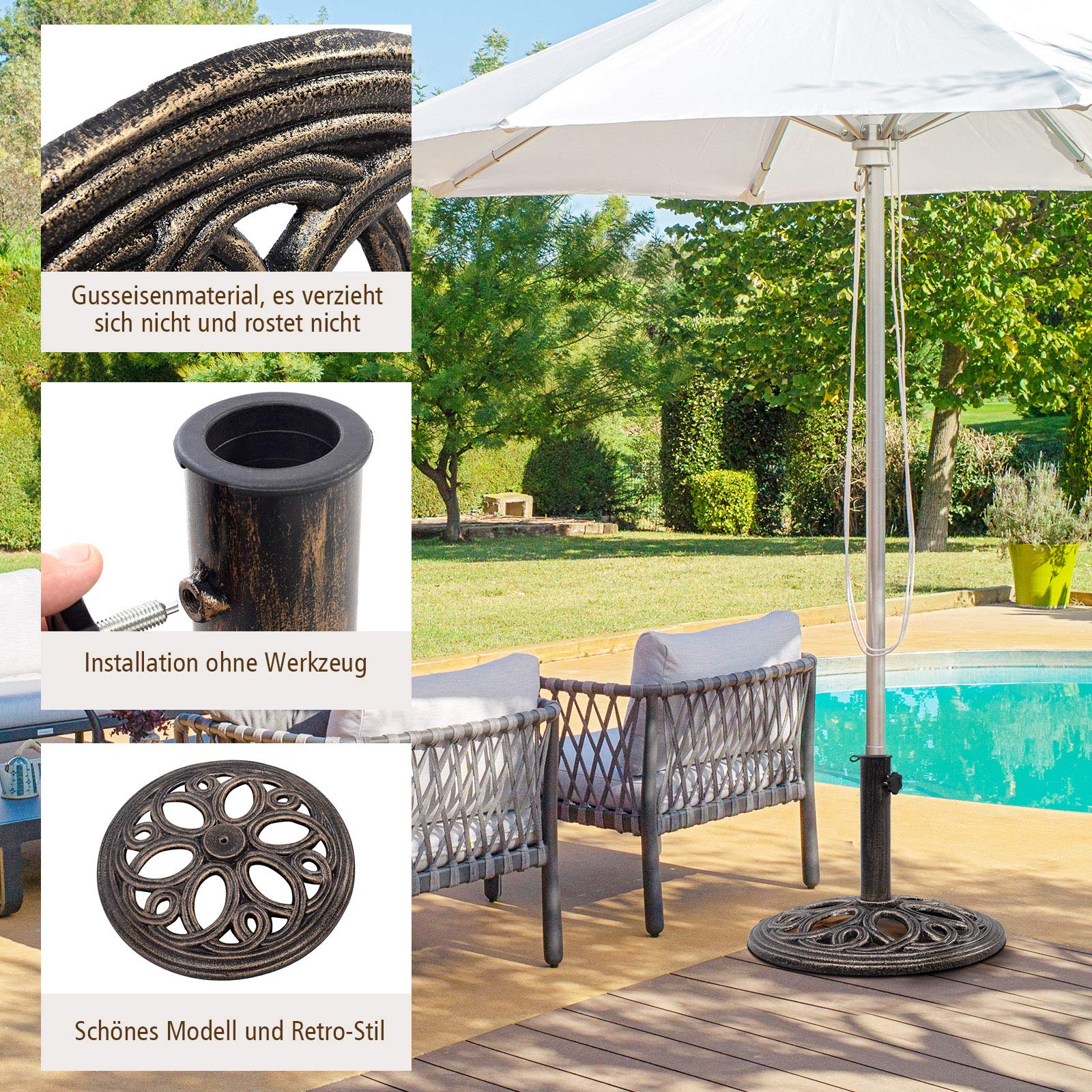 GOPLUS Parasolstandaard, metaal, parasolstandaard voor parasolstokken 38 mm/48 mm, parasolstandaard 45 cm, parasolvoet 10 kg, marktparasolstandaard, balkonparasolstandaard, brons GOPLUS Parasolstandaard, metaal, parasolstandaard voor parasolstokken 38 mm/48 mm, parasolstandaard 45 cm, parasolvoet 10 kg, marktparasolstandaard, balkonparasolstandaard, brons