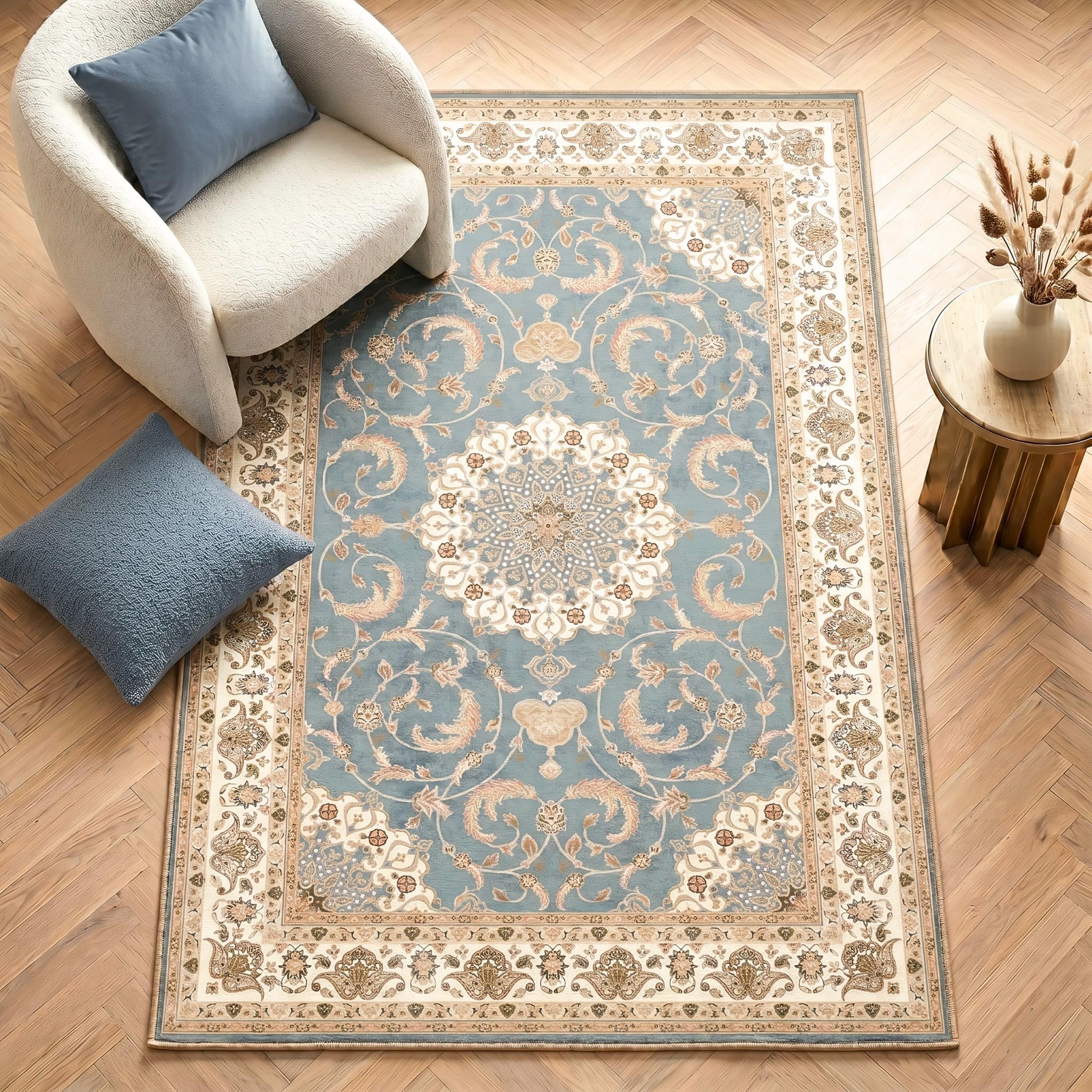 Imperium Homeware Machine Washable Rug, 160x230cm, Non-Slip Backing, Short Pile, Non-Shedding, Pet-Friendly — Area Rug for Living Room & Bedroom, Heritage Aegean Gold