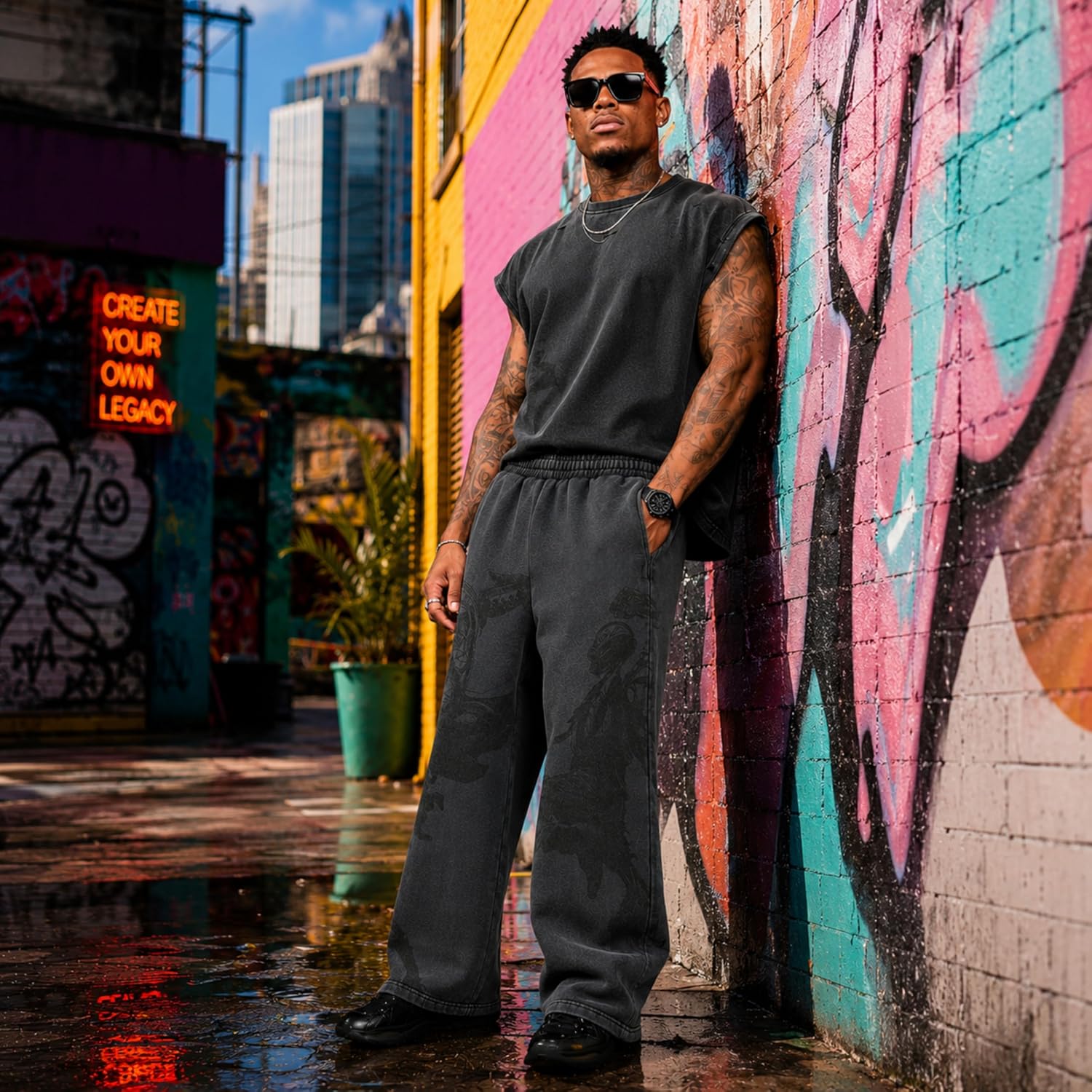 Men's Vintage Wash Graphic Sweatpants Baggy Straight Leg Joggers with Pockets Cotton Stretch Gym Streetwear Pants
