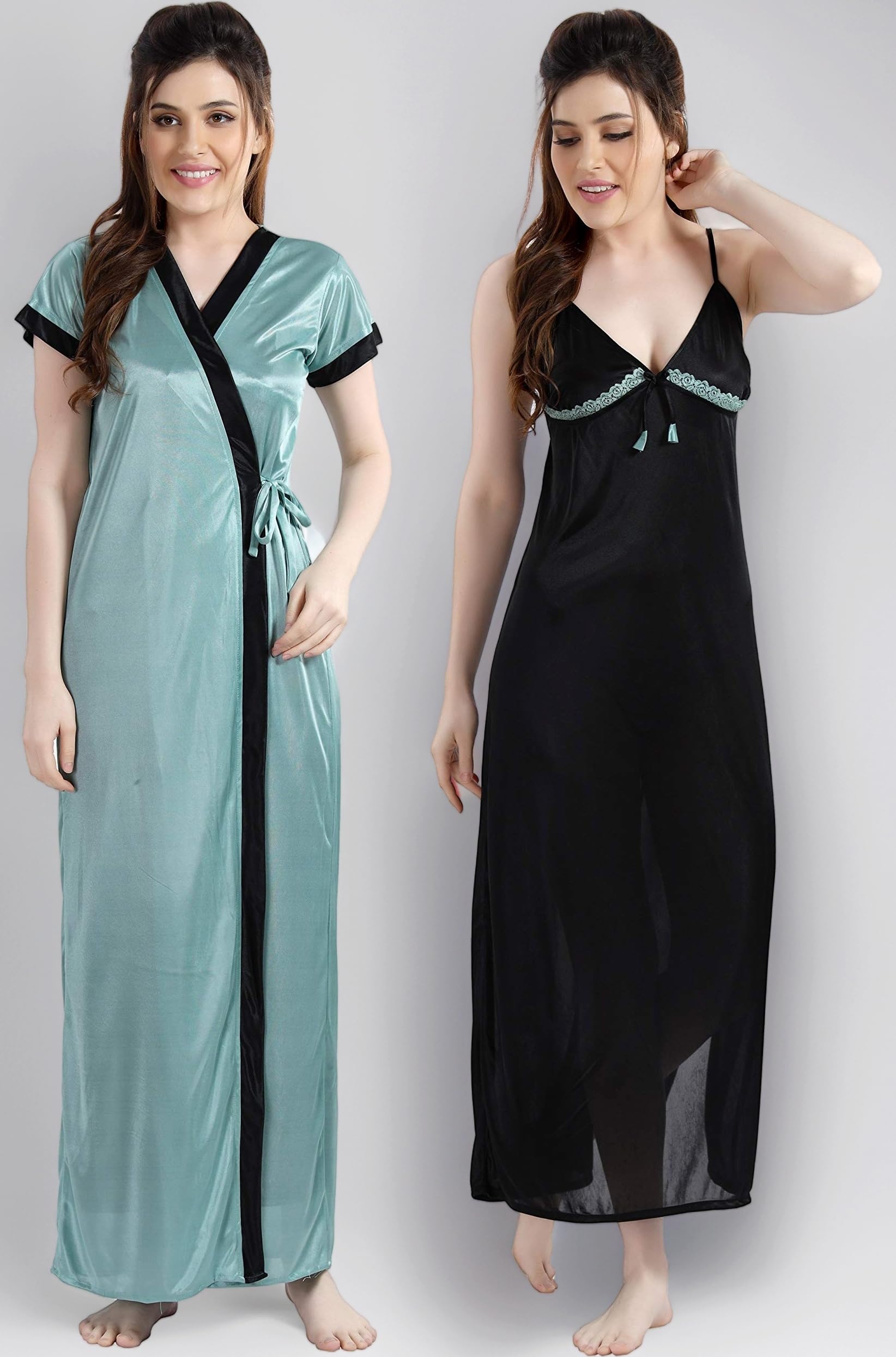 Women's Satin Solid Knee Length Nighty with Robe