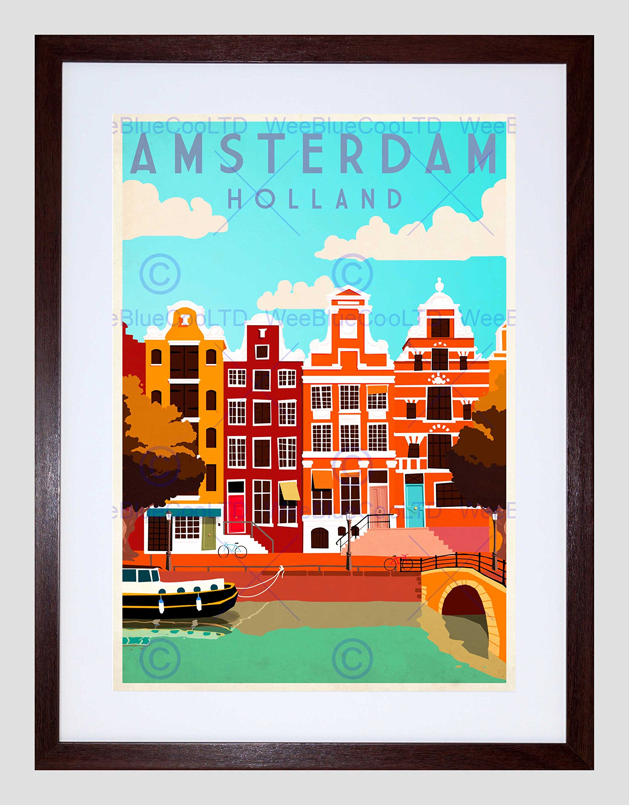 Wee Blue Coo Travel Amsterdam Holland Netherlands Canal Bridge Boat House Art Framed Wall Art Print