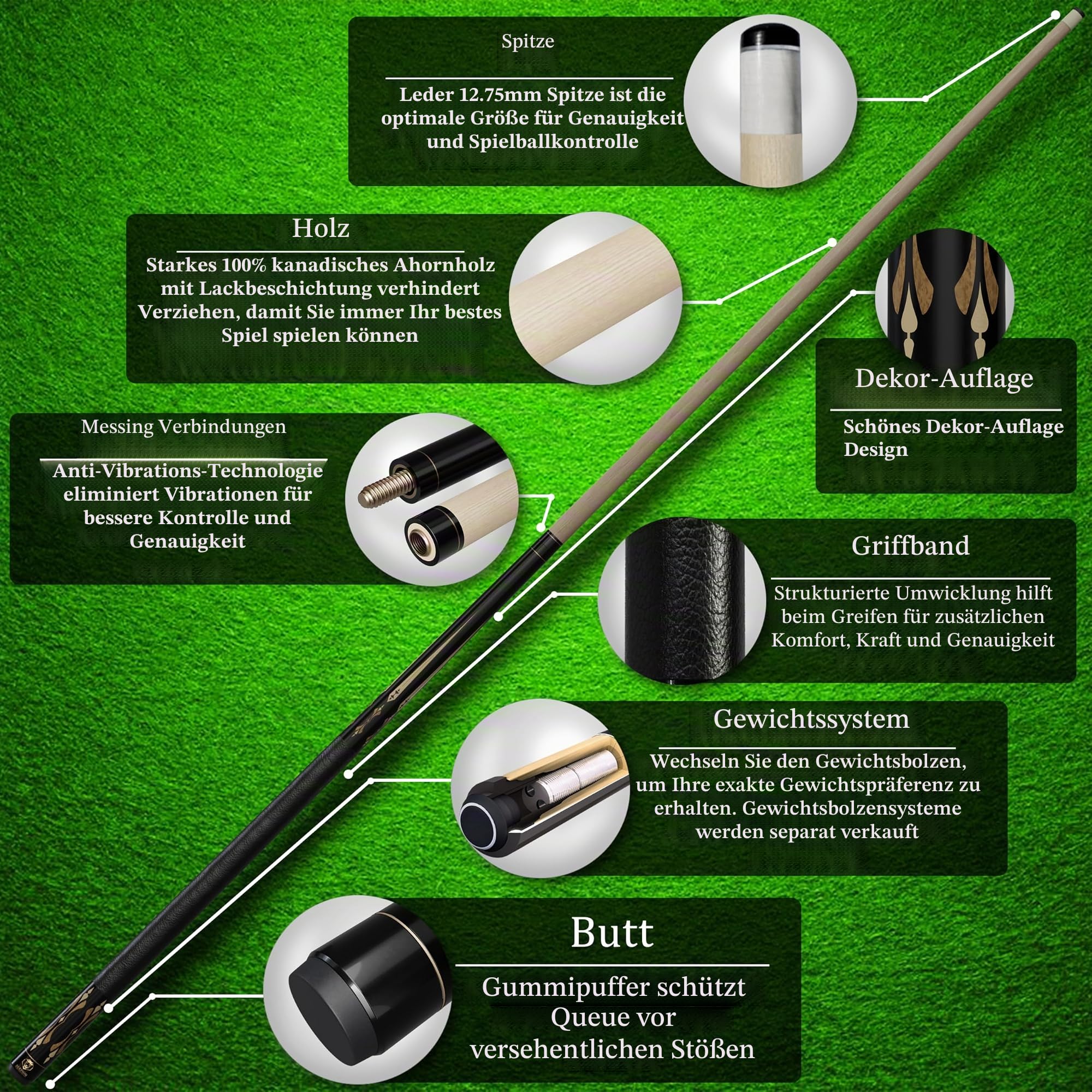 Pool Cue Stick 100% Canadian Maple Wood. Professional Billiard Pool Cue Stick with Hard Case and Joint Protectors