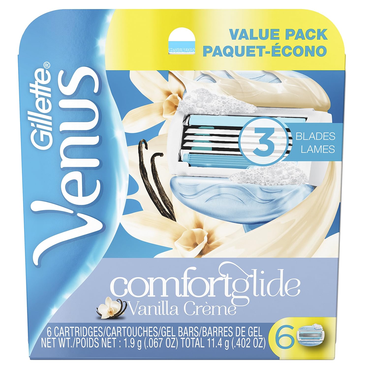 Gillette Venus Comfortglide Women's Razor Blade Refills, Vanilla Creme, 6 Count, Womens Razors / Blades