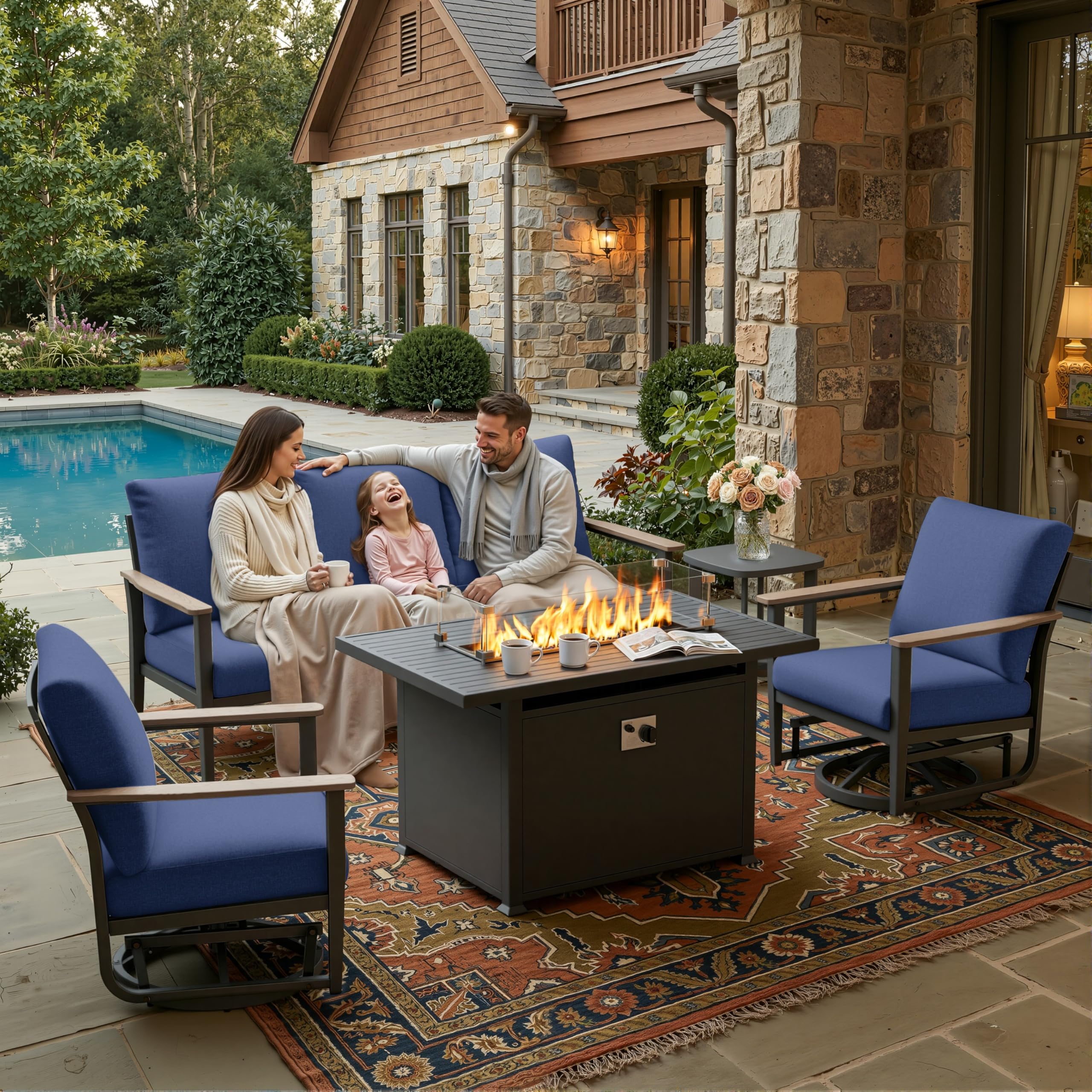 Sweecci Aluminum Outdoor Patio Furniture Set, 5-Piece Outdoor Sofa with 5.1" Thick Cushions, Swivel Rocking Chairs, 55,000 BTU Propane Fire Pit Table,