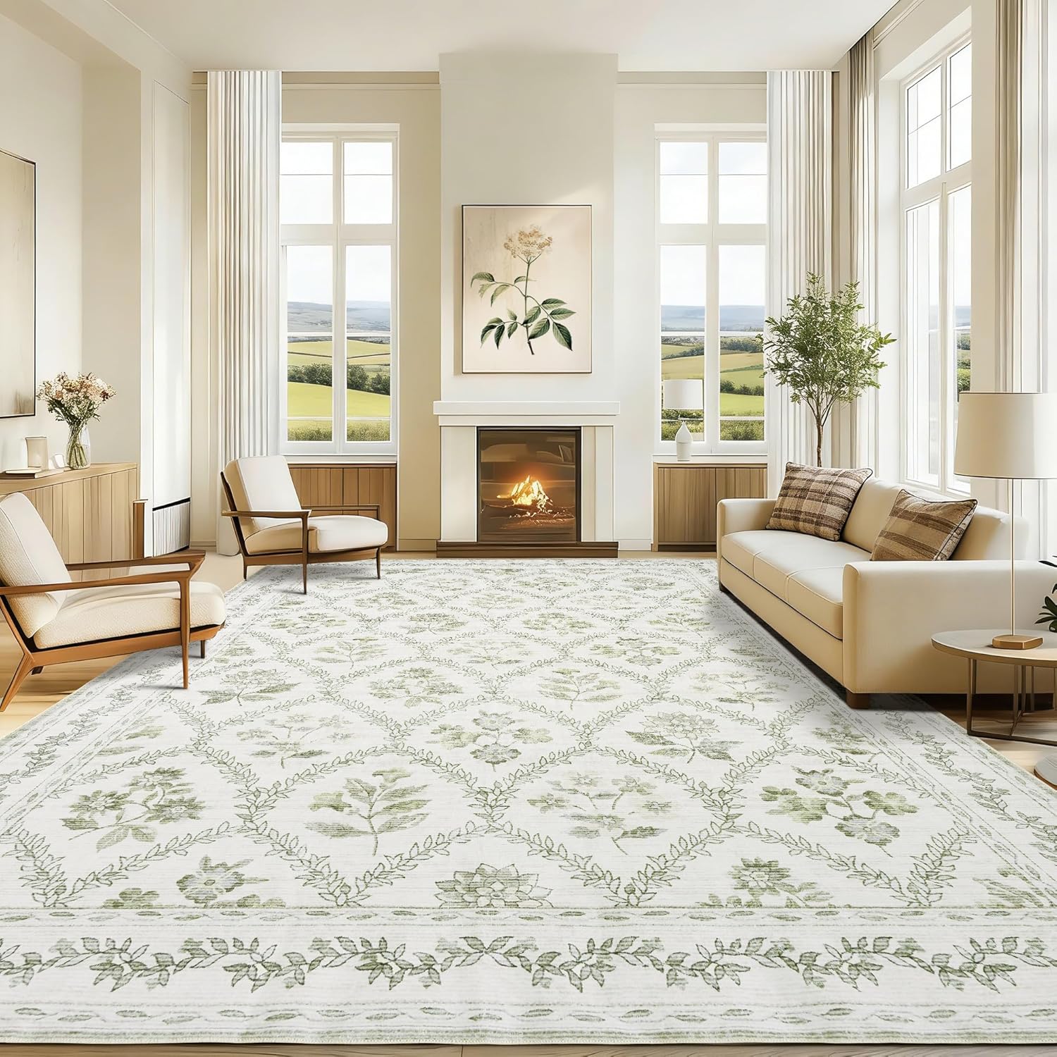 Sage Green and Cream Rug 9x12 Living Room Machine Washable Area Rugs Vintage Boho Farmhouse Floral Extra Large for Bedroom Non Slip Soft Faux Wool Carpet for Dining Room Playroom Floor Covering
