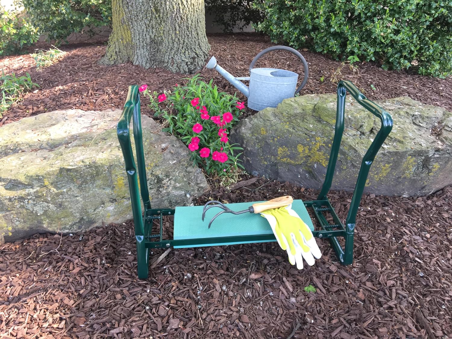 Green Folding Kneeler Garden Bench and Seat 23" W, 17" H Seat, 4.5" H Kneeler, 6lbs