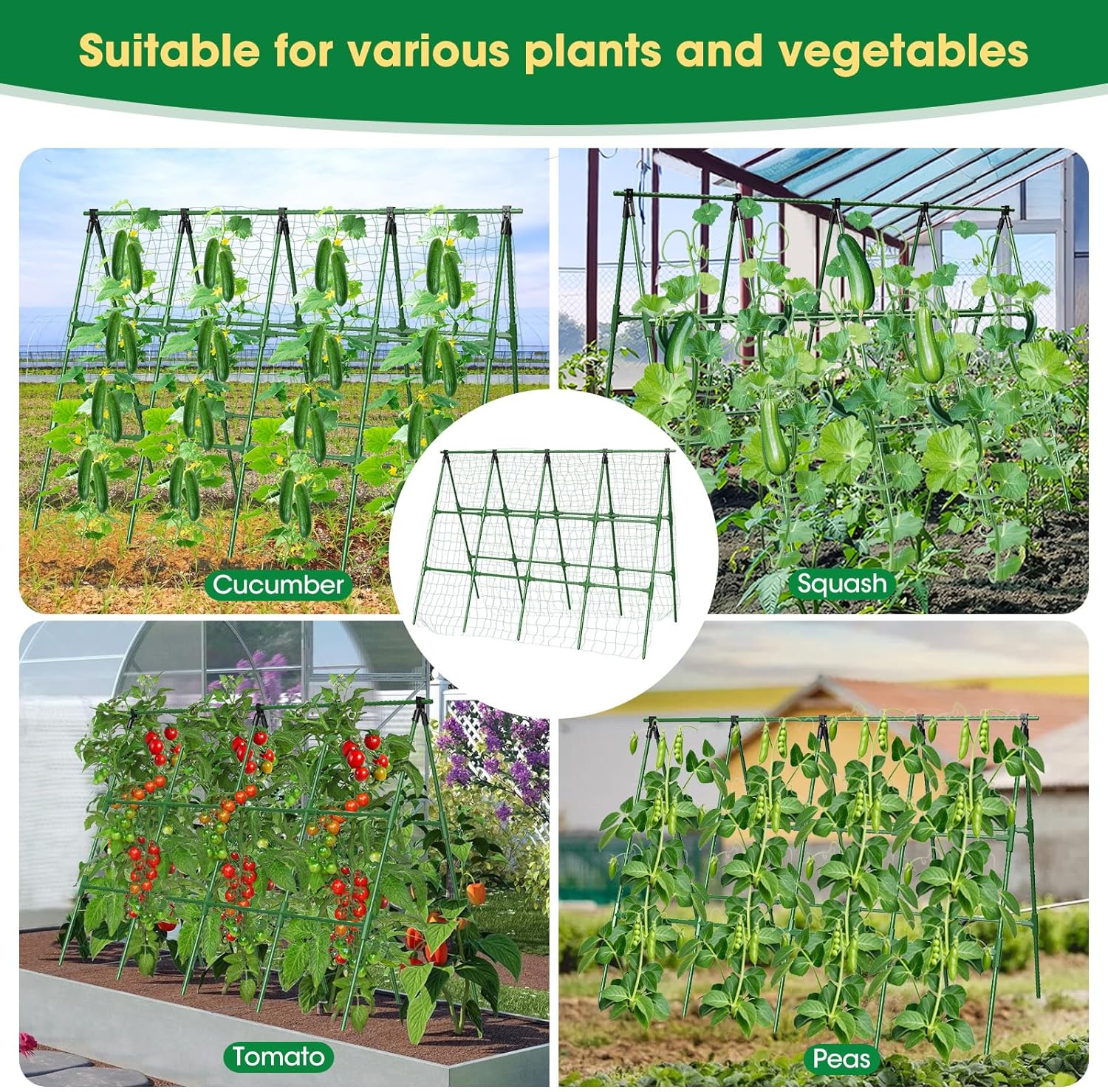 71" x 51" Cucumber Trellis for Raised Bed, A-Frame Garden Trellis for Climbing Plants Outdoor, Rust-Proof Metal Support for Tomato, Peas, Beans, Zucchini & Vines, with Netting & Clips