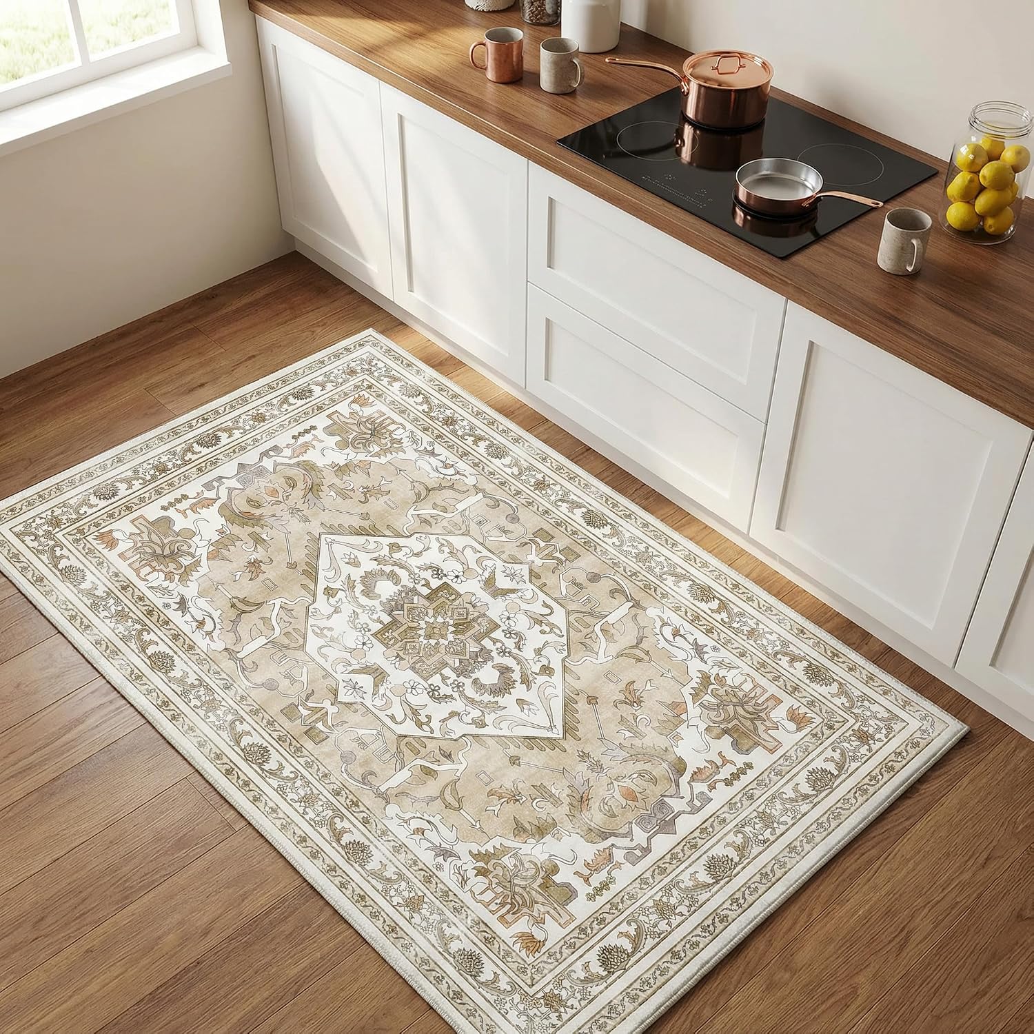 Washable Small Area Rug 2'x3’, Non Slip Kitchen Entryway Rug, Water-Resistant, Pet Friendly Floor Mat for Indoor, 0.26" Low Pile, Beige & Ivory