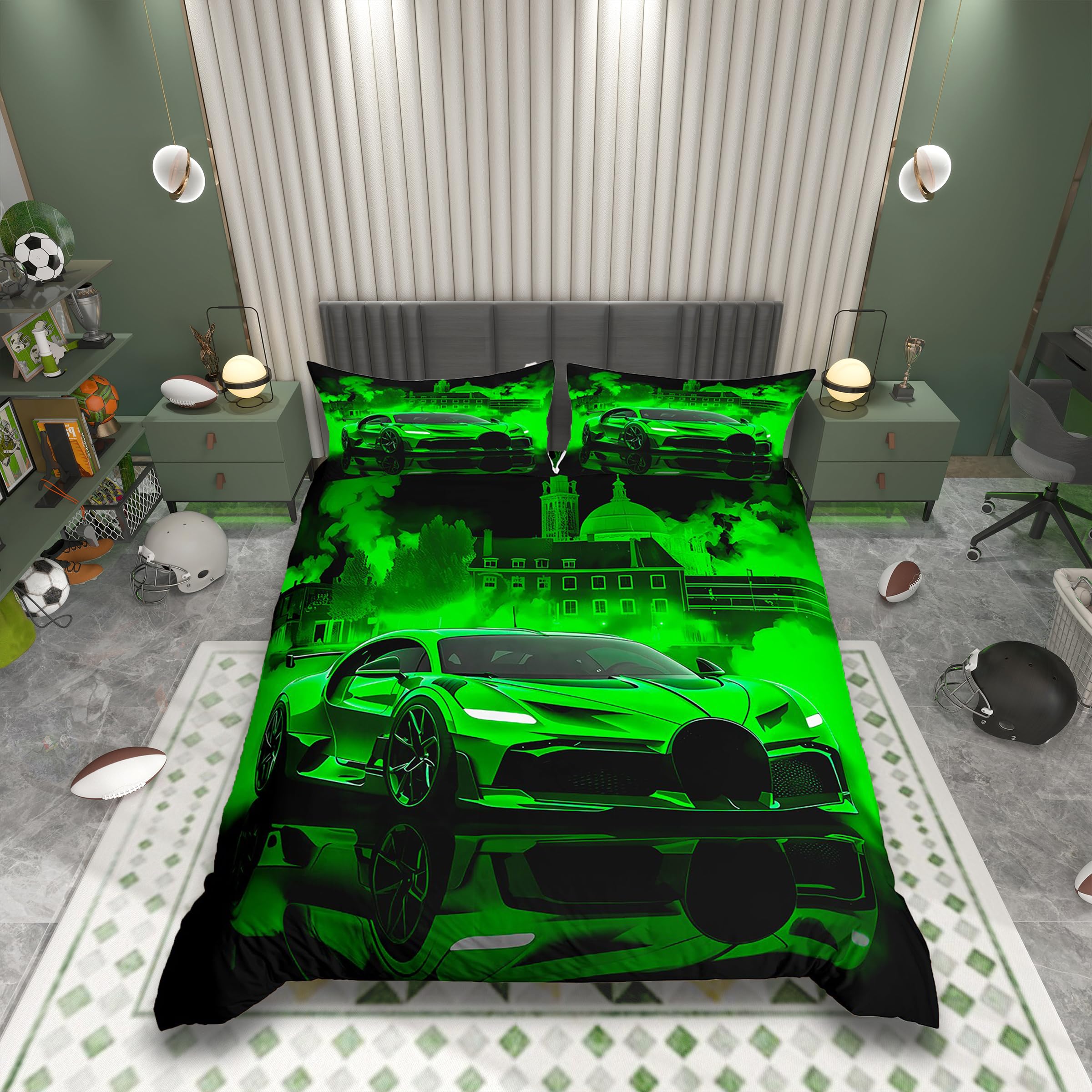 Homemissing Kinder Rennwagen Bettwäsche Set 135x200cm Extreme Sport Spiel Car Bettbezug Auto für Jungen Mädchen Schlafzimmer Dekor Moderne Grün Betten mit Reißverschluss