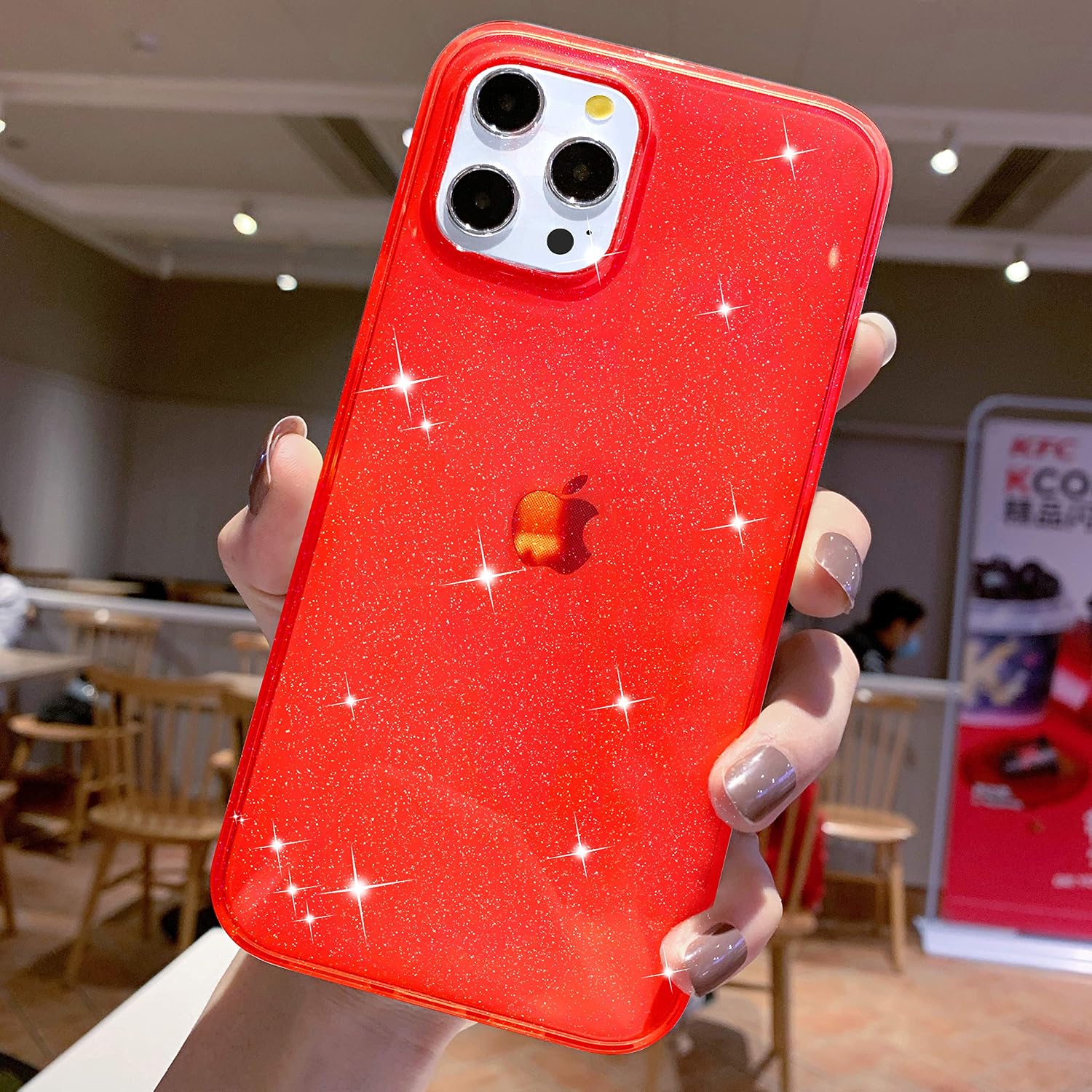 Anynve Glitter iPhone 12 Pro Max Case 6.7 inch, Clear Sparkle Bling Case [Anti-Shock Matte Edge Bumper Design] Cute Slim Soft Silicone Gel Phone Case Compatible with iPhone 12 Pro Max 6.7inch -Red