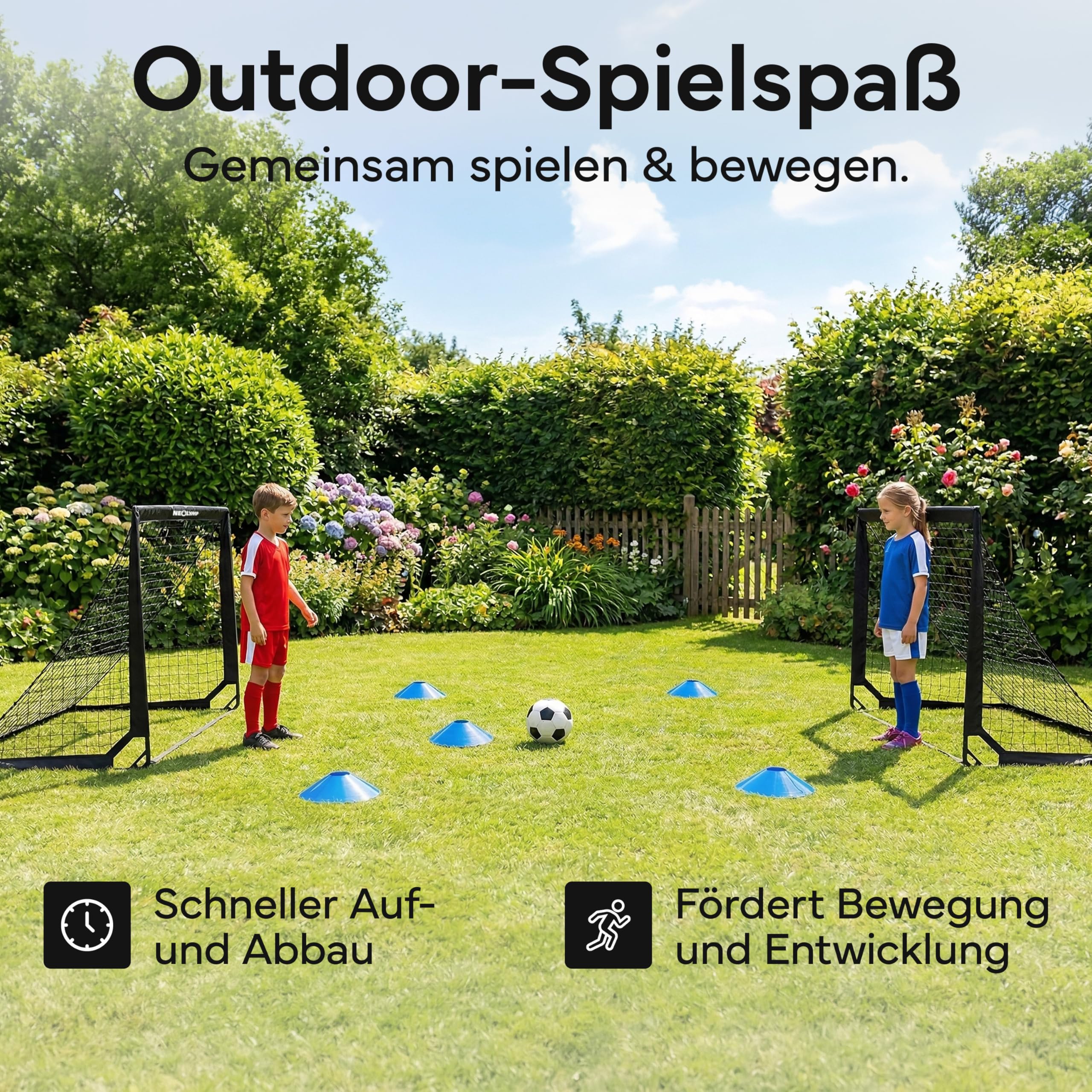 NEOLYMP Fußballtor Kinder Set – Faltbare Tore für Garten & Outdoor – Robuste 9 mm Fiberglas-Stangen – Mit Hütchen, Karabinern, Indoor-Füße & Tragetasche – Fußball-Training - Fußball Trainingszubehör