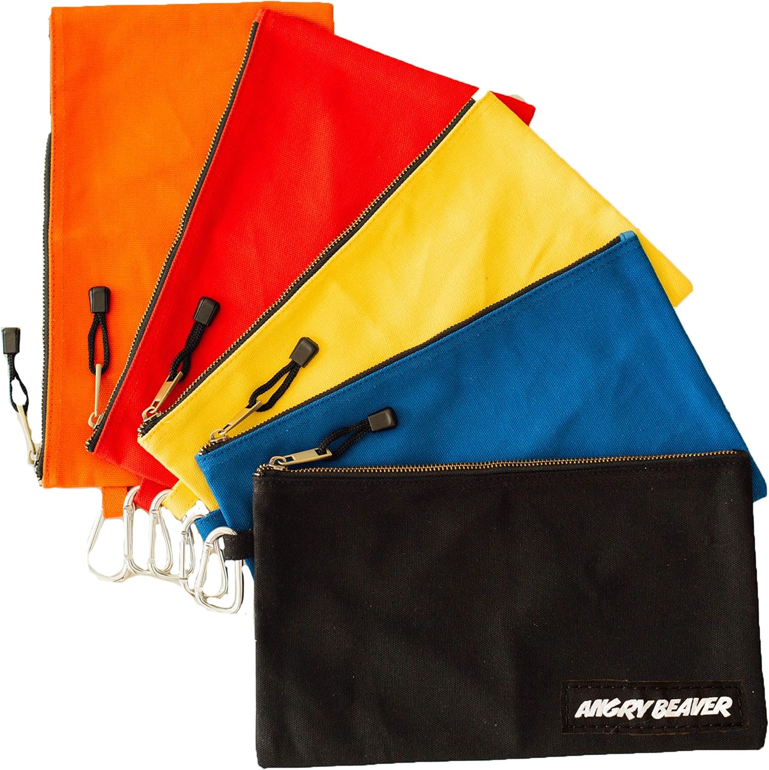 Canvas Tool Pouch with Zipper, 5 Pack, Utility Organization Bags, Heavy Duty Metal Zipper and Carabiner, by Angry Beaver