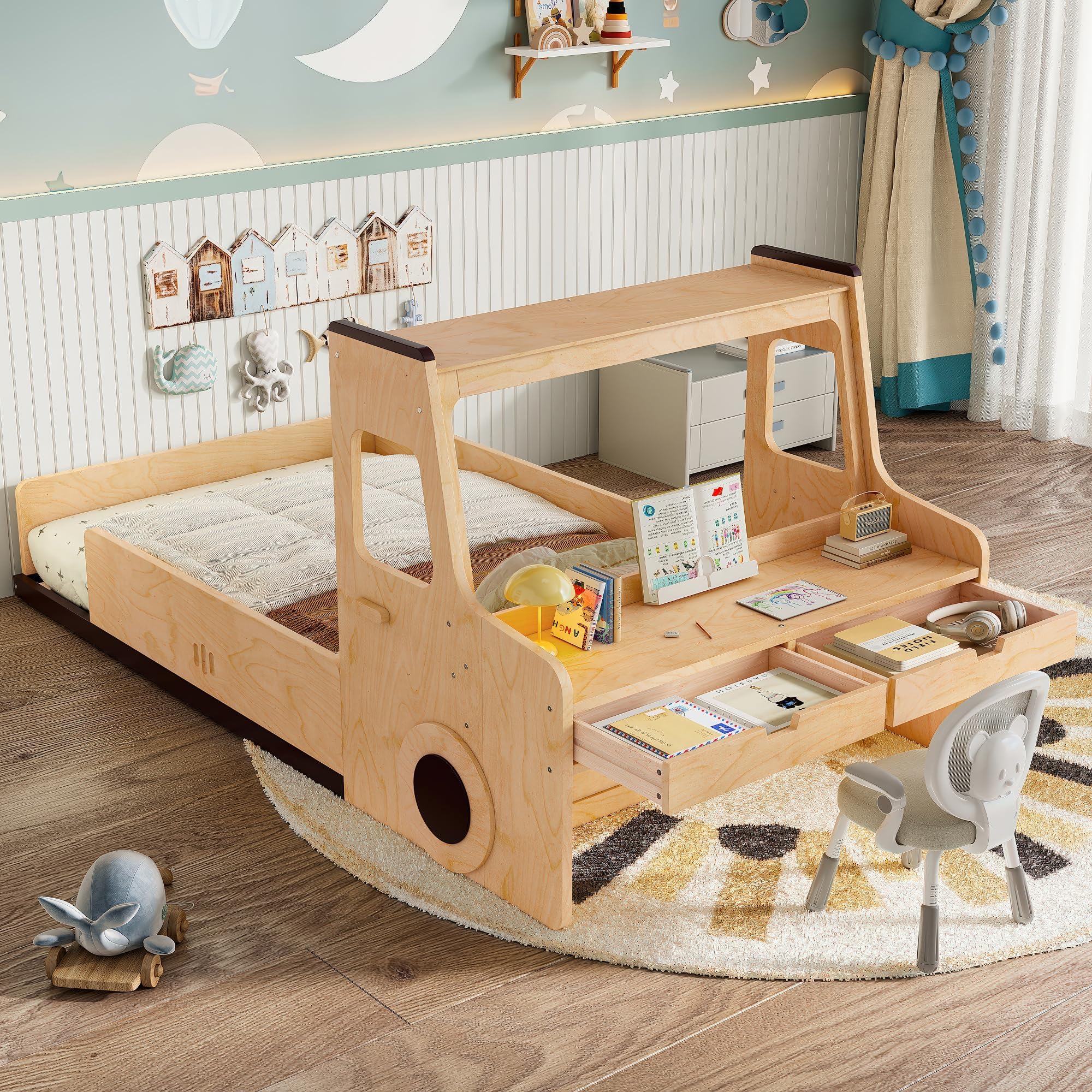 SOFTSEA Twin Size Car-Shape Bed for Kids, Wooden Platform Bed with Desk & Storage Drawers, Floor Bed Frame with Guardrails for Boys & Girls, No Box Spring Needed, Natural