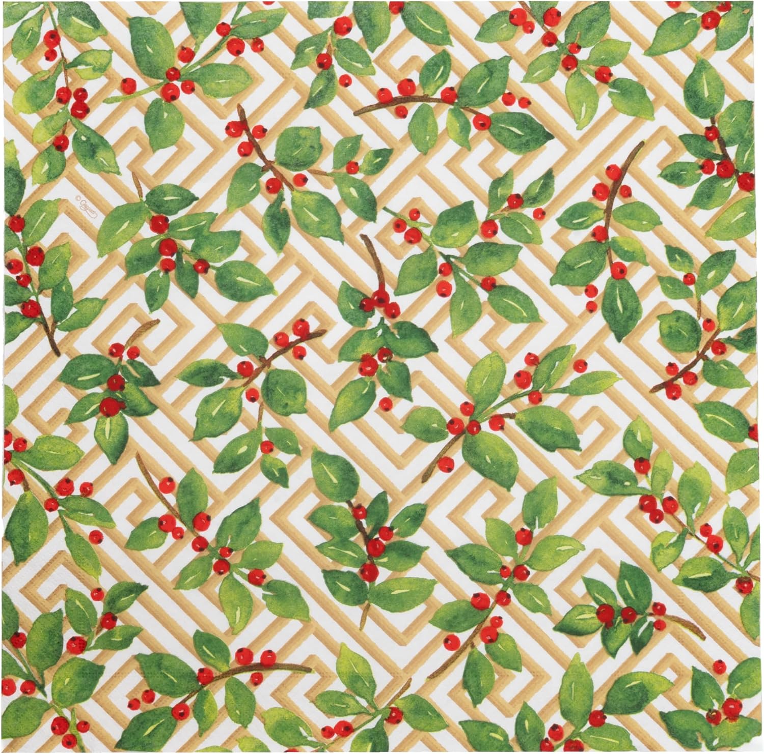 Caspari Holly And Fretwork White Luncheon Napkins - includes 20 Luncheon Napkins