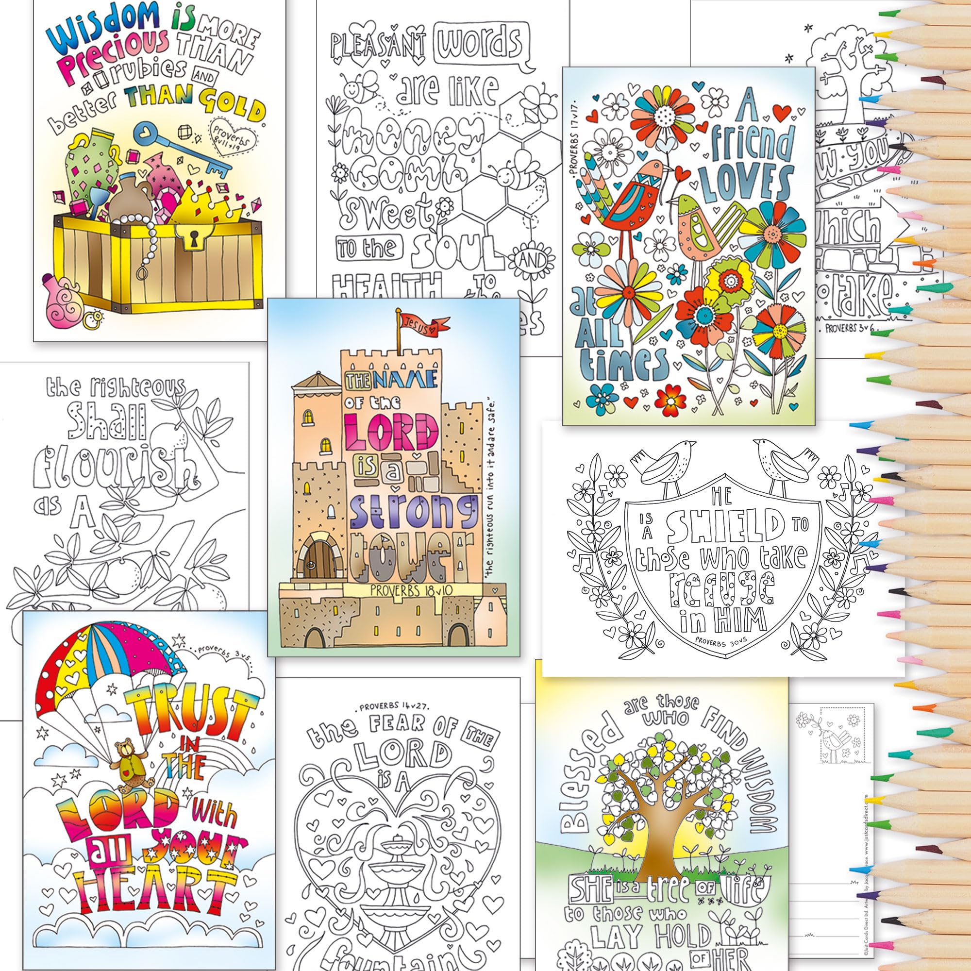 Christian Colouring Postcards, Proverbs, Pack of 10 different designs