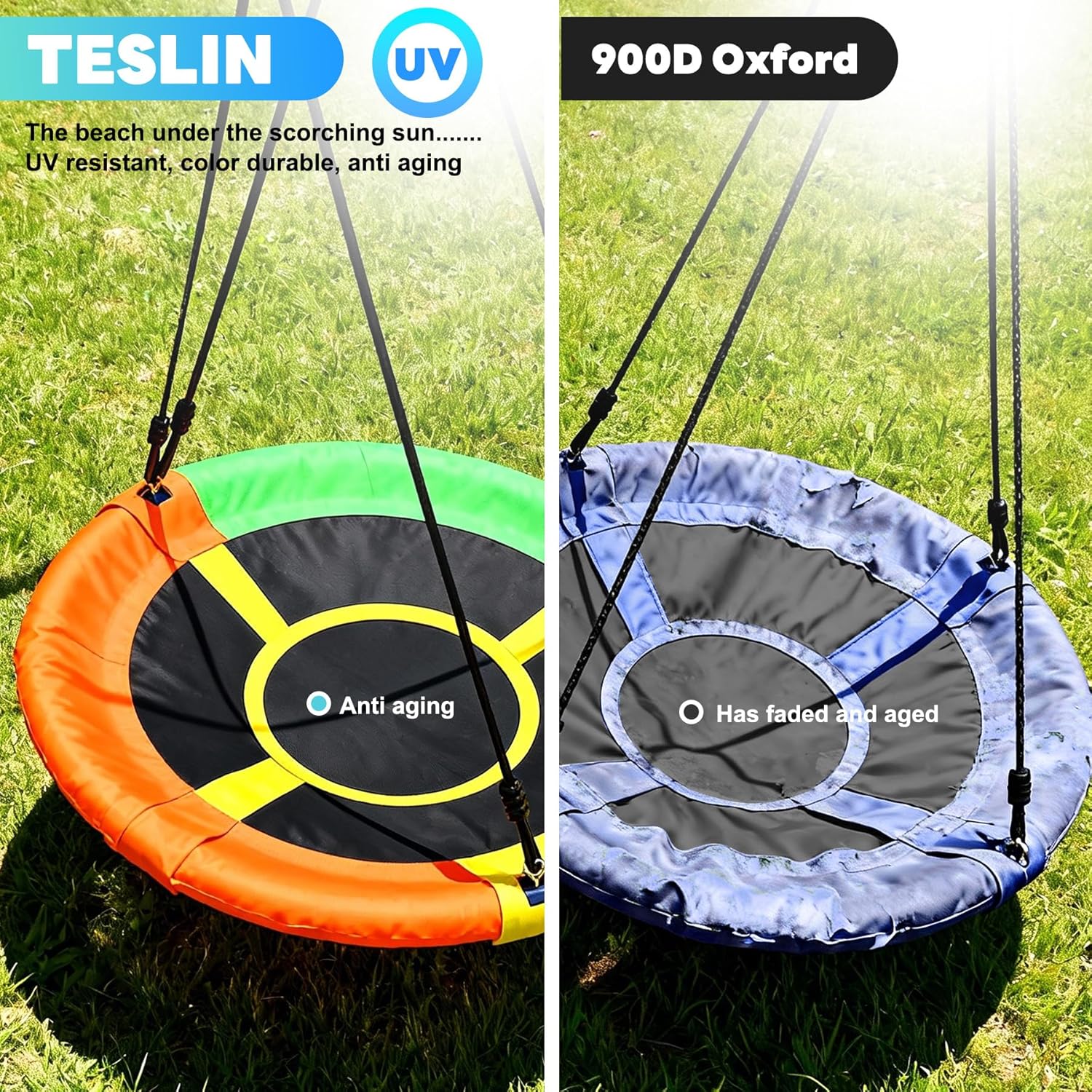 JYGOPLA 440lbs Kids Swing Set, 3-in-1 Outdoor Playground with Saucer Swing, Belt Seat & 4ft Trampoline, Heavy Duty A-Frame Metal Stand & Safety Stakes, Backyard Playset for Toddlers 3-8 Years Old