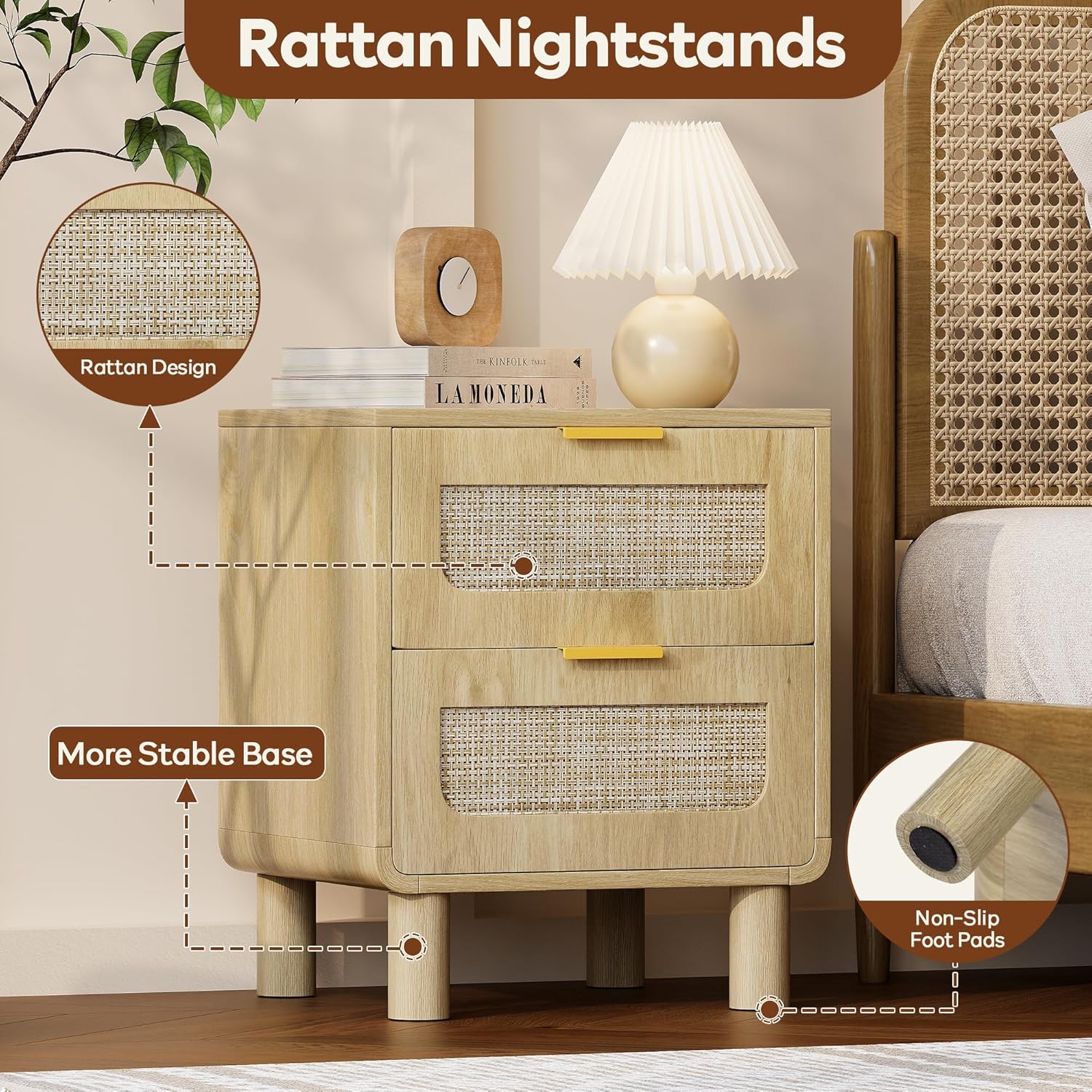 LAZZO Set of 2 Nightstands Wooden Night Stands with Rattan Drawers Home Bedside End Table for Bedroom