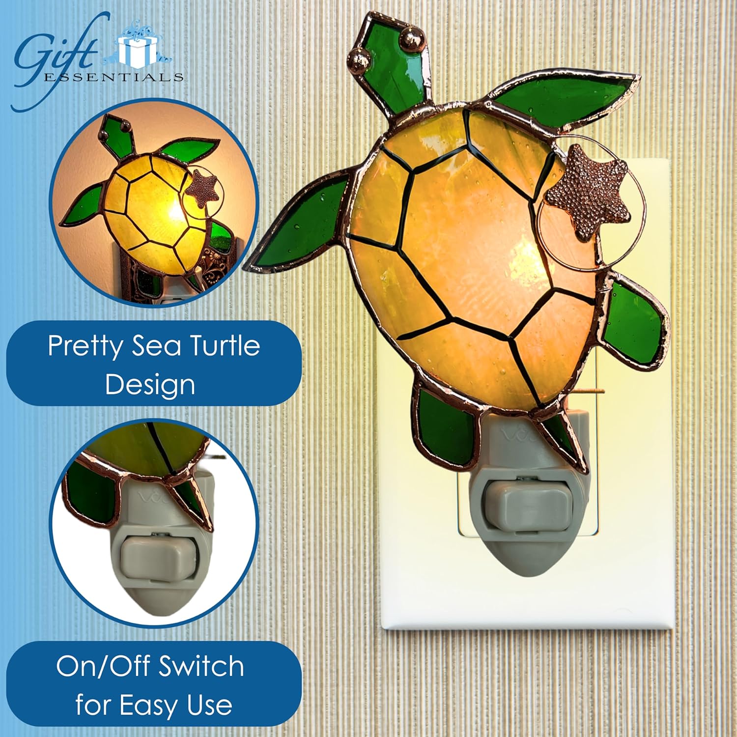 Sea Turtle Plug in Night Light - Stained Glass Nightlight with On/Off Rocker Switch - Includes One 4 Watt Replaceable Incandescent Warm Glow Bulb