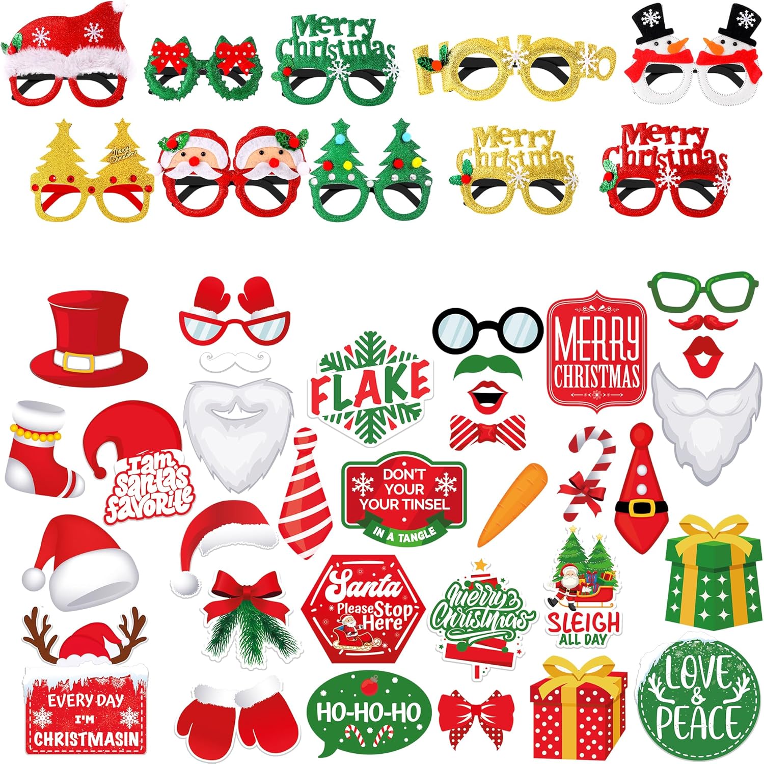 KatchOn, Christmas Photo Booth Props - Pack of 34 | Glitter Christmas Glasses for Kids - 10 Pieces | Christmas Party Favors Adults | Christmas Sunglasses for Kids | Holiday Props for Photography