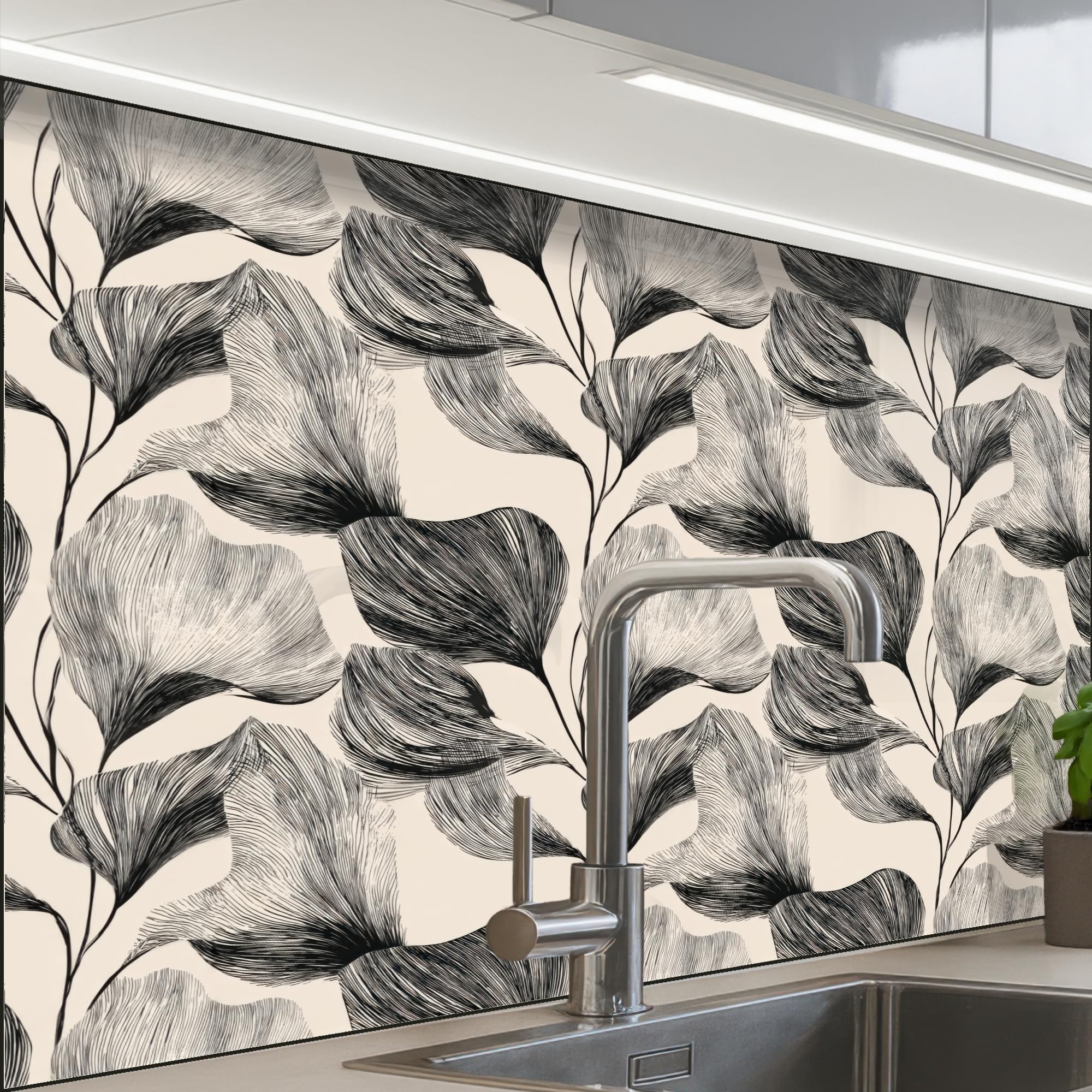 KitchenYeah© Antisalpicaduras Cocina 60x80 cm Adhesivo Salpicadero Protector Pared Salpicaduras Revestimiento Botánico - Hojas - Negro
