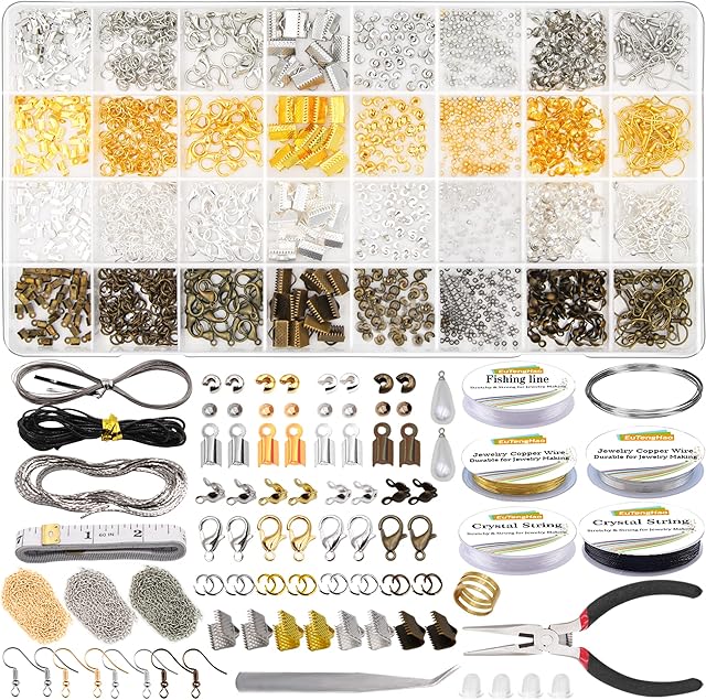 EuTengHao Jewelry Making Findings Supplies Kit Jewelry Repair Tool with Pearl Charm,Ribbon Ends,Lobster Clasps,Crimp Beads Knot Covers,Earring Hook Backs,Cooper Wire 2388Pcs for Jewelry DIY Supplies