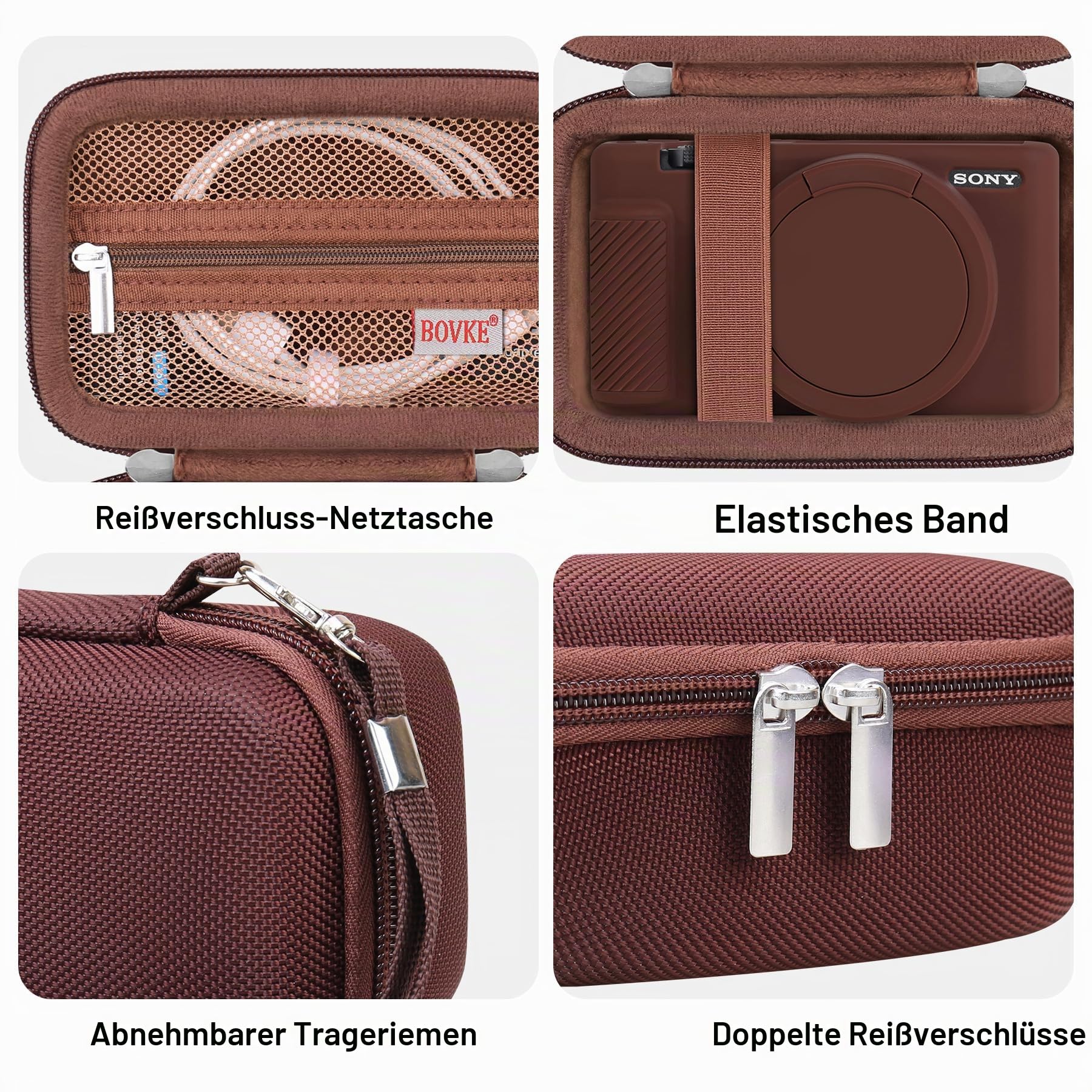 BOVKE 2-in-1 Kameratasche für Sony ZV-1 Premium Kompaktkamera für Content Creator, Silikon Hauthülle + Harthülle Tragetasche Schutzpaket für Sony ZV1 Kamera, Braun