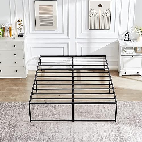 Miniatura 38 de VECELO Marco de cama de plataforma de metal de 14 pulgadas, base de colchón, no necesita somier, soporte de listones de acero (tamaño matrimonial)