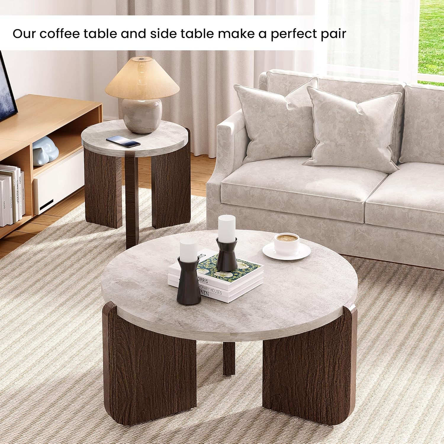 SUNBURY Coffee Table and End Table Sets, Round Marble Modern 3-Piece Living Room Table Set for Office, Living Room, Apartment, Small Space, Easy Assembly Living Room Furniture, Faux Marble