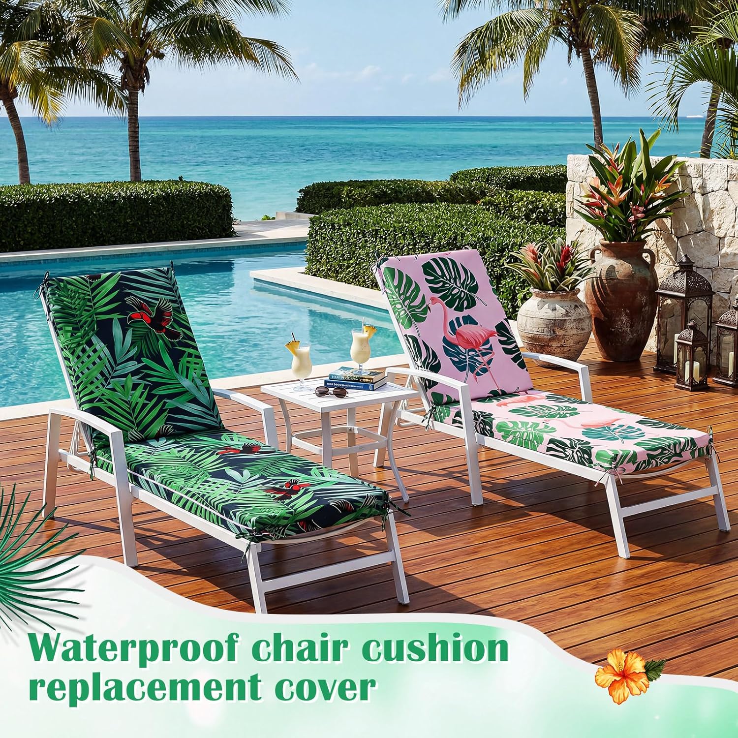 2 Pack Chaise Lounge Cushion Covers Outdoor (Not Includes Cushions) Waterproof Chair Cushion Replacement Covers 72 x 21 x 3 Inch for Patio Pool Lawn Slipcover with Ties(Tropical Rainforest)