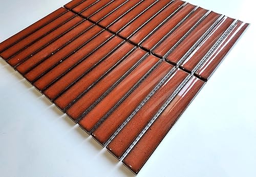 Miniatura 3 de Hoja de mosaico de porcelana esmaltada Sevilla 6"x1" Kit Kat Finger Glossy Terra Red con motas (muestra)