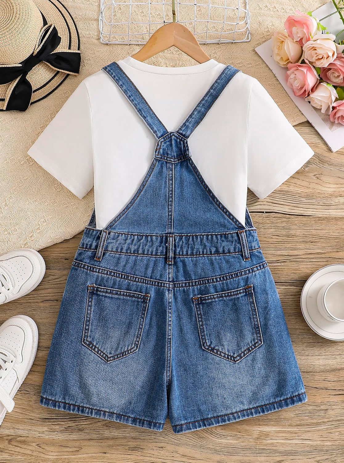 Girls Romper Summer Denim Overall Shorts Adjustable Straps Shortall with Pockets