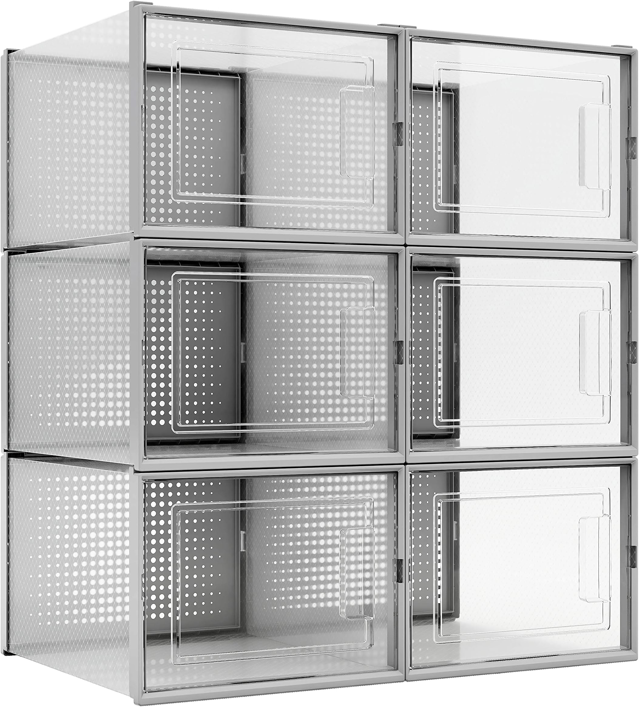 QualiapeX X-Large Long Shoe Boxes Clear Plastic Stackable, Shoe Storage Organizer, Sneaker Storage Containers, Suitable for All Shoes like High Heels & Martin Boots, Grey 6 Pack