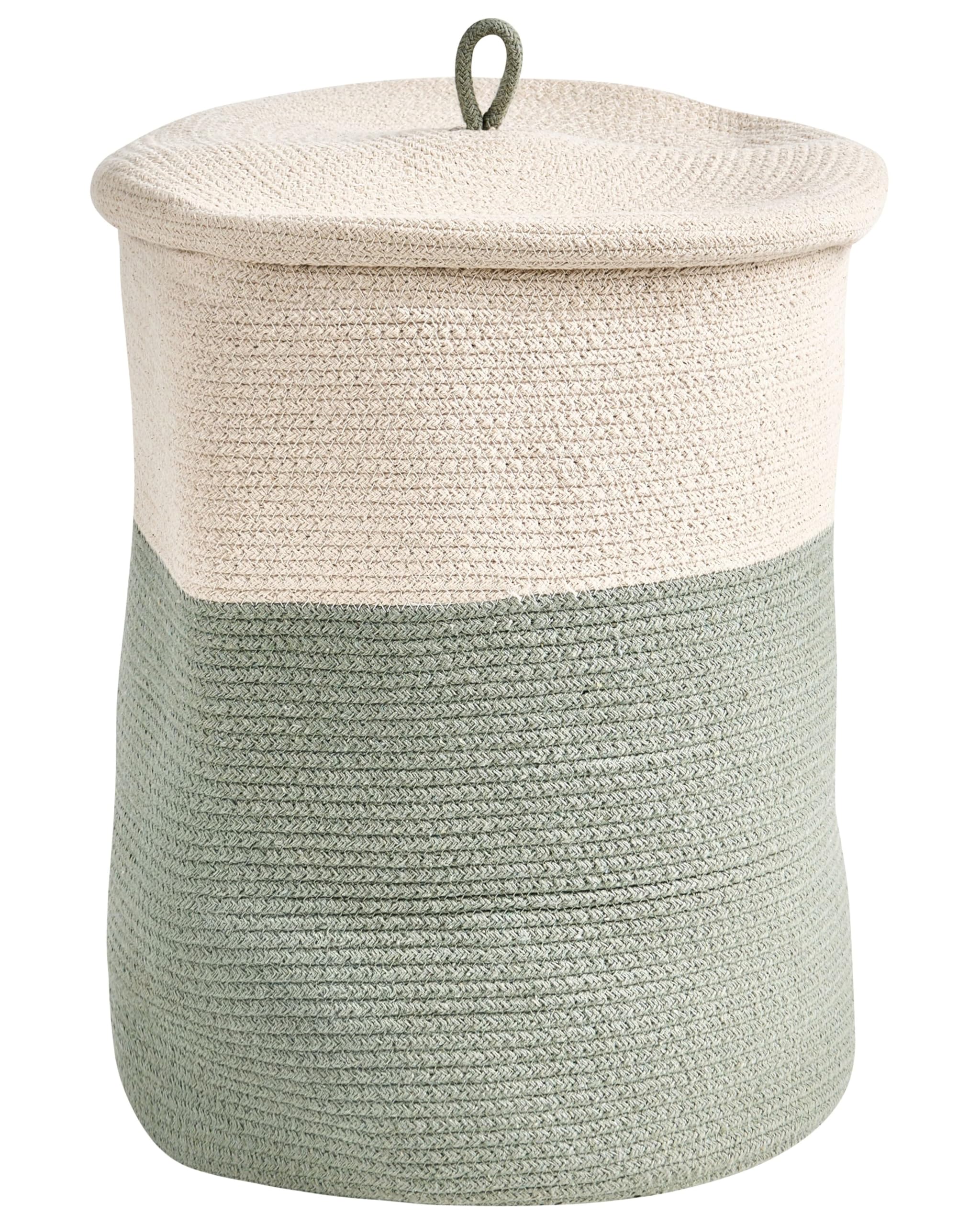 Korb Baumwolle hellbeige/grün geflochten gestreift mit Deckel Boho-Design Silopi
