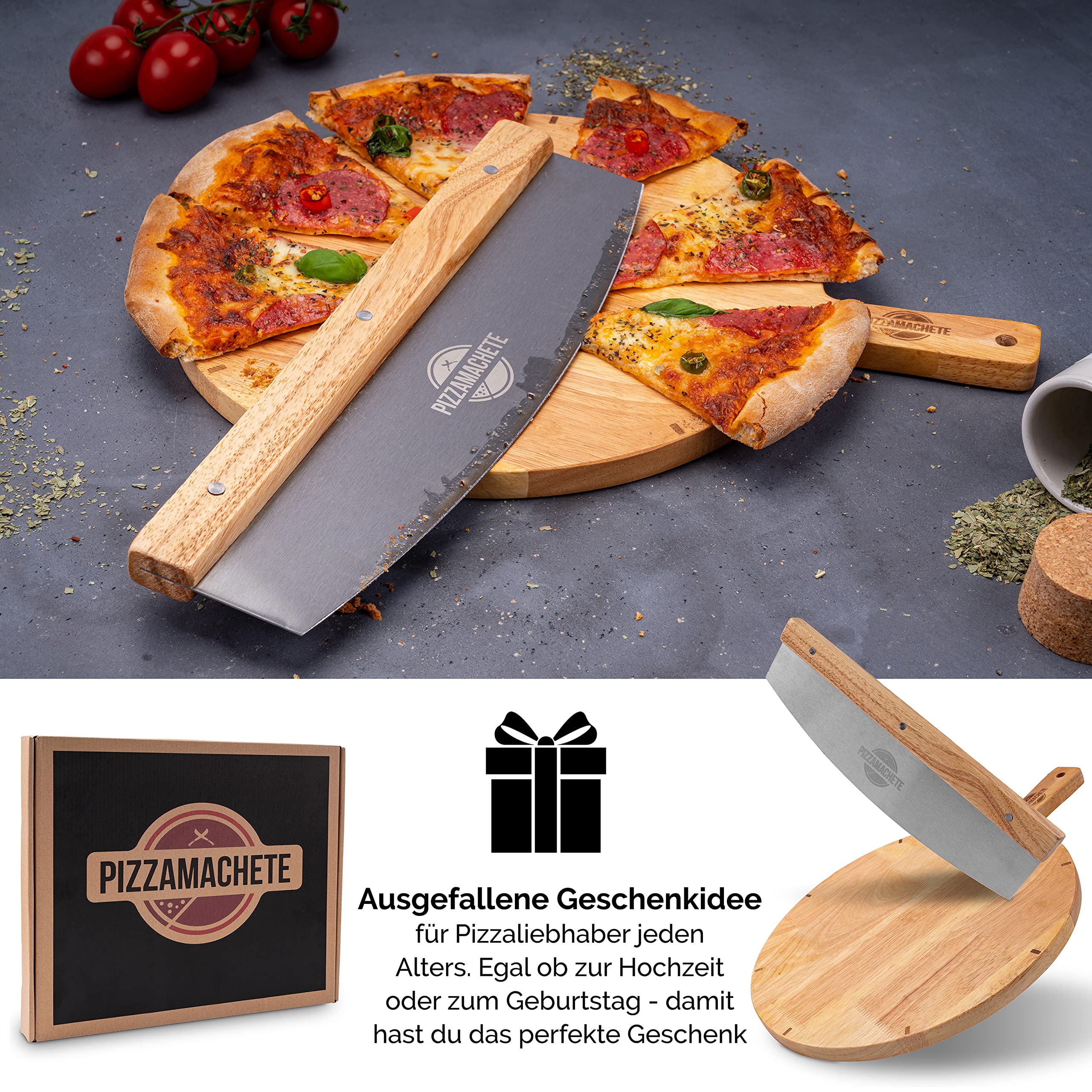 PIZZAMACHETE Pizzaschneider + Pizzabrett , Pizza Set bestehend aus Wiegemesser und Pizzaschneidebrett, -Zubehör mit Cutter aus rostfreiem Edelstahl, Bretter Holz-Griff