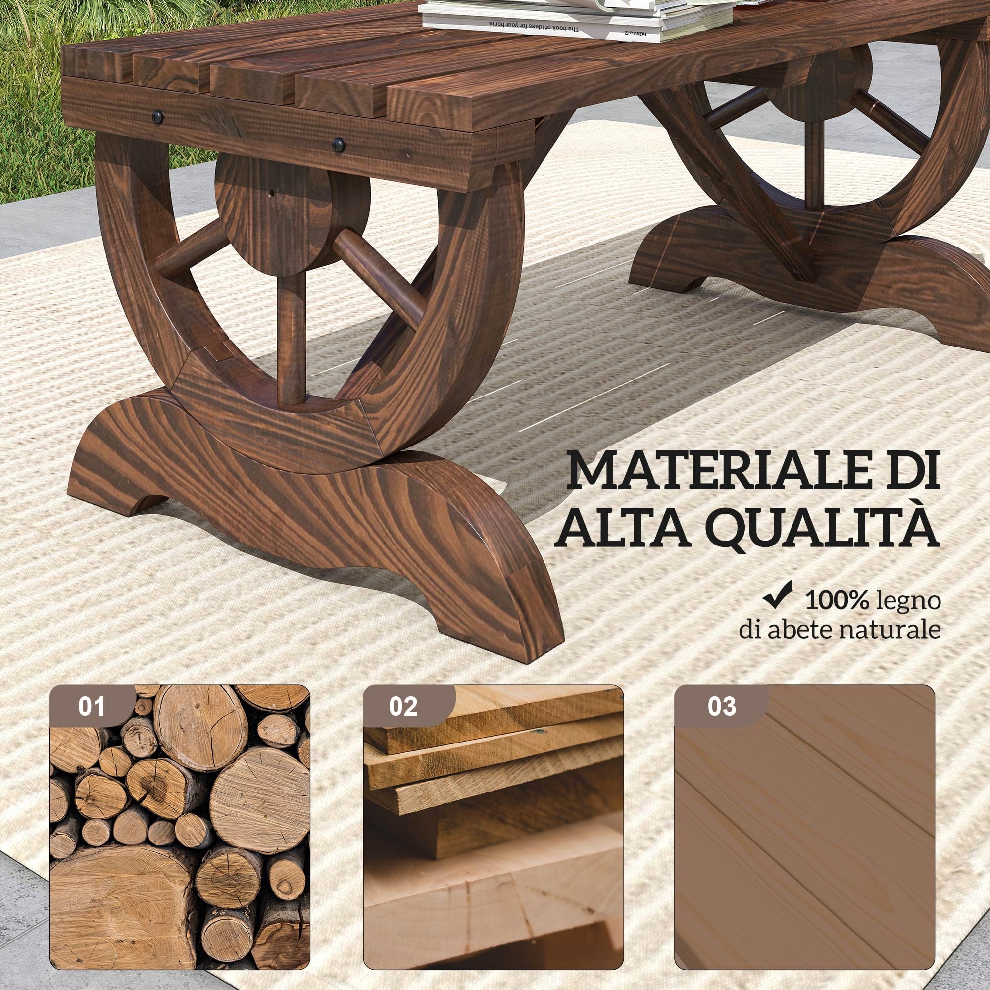 Outsunny Panchina da Giardino da 2 Posti con Design a Ruota, Panchina da Esterno a Doghe in Legno di Abete, Panca per Terrazza Patio e Cortile, 98x50x39.5 cm, Marrone