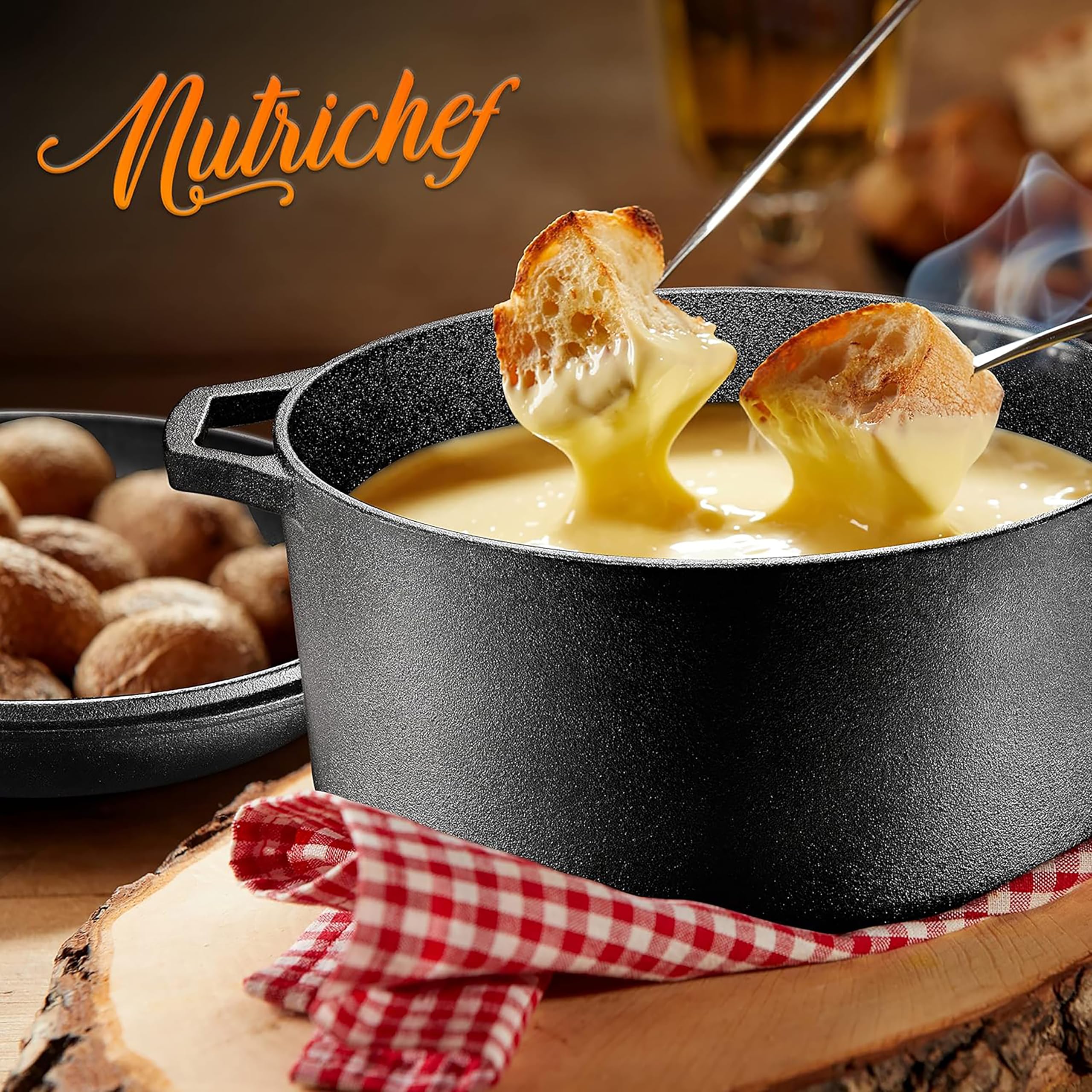 NutriChef Forno Olandese in Ghisa, Antiaderente Pre-Stagionato Doppio, Pentola e Coperchio con Manico, Adatto per Forno, Stufa, Griglia e Campeggio