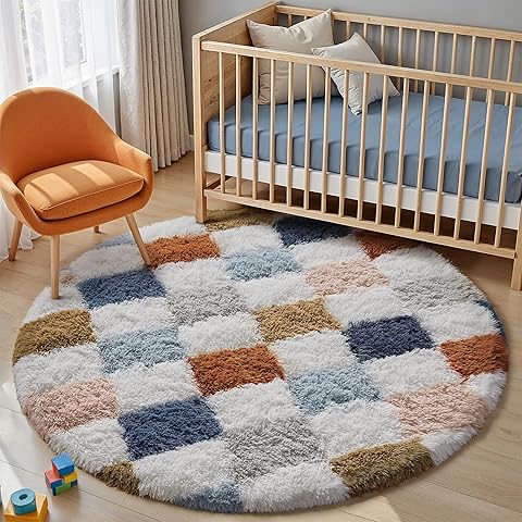 Checkered Rug 4x4 for Living Room, Modern Rainbow Shag Rug Super Soft Washable Indo...