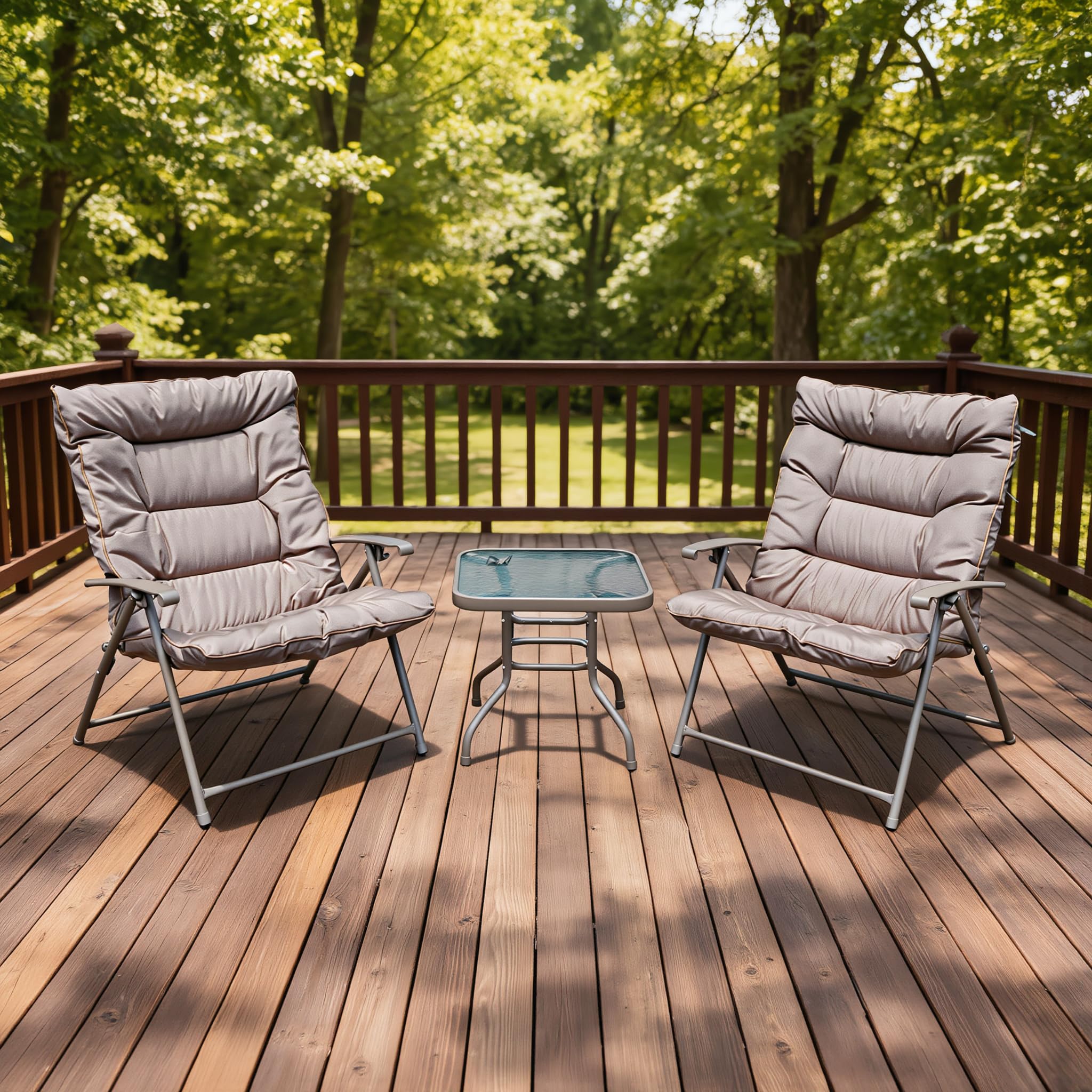 Set Relax da Giardino 3 Pezzi MAUì – 2 Poltrone Pieghevoli Imbottite con Cuscini Beige Removibili + Tavolino Vetro Temperato – Struttura Ferro Robusto – Arredo Giardino Terrazzo Balcone Salvaspazio