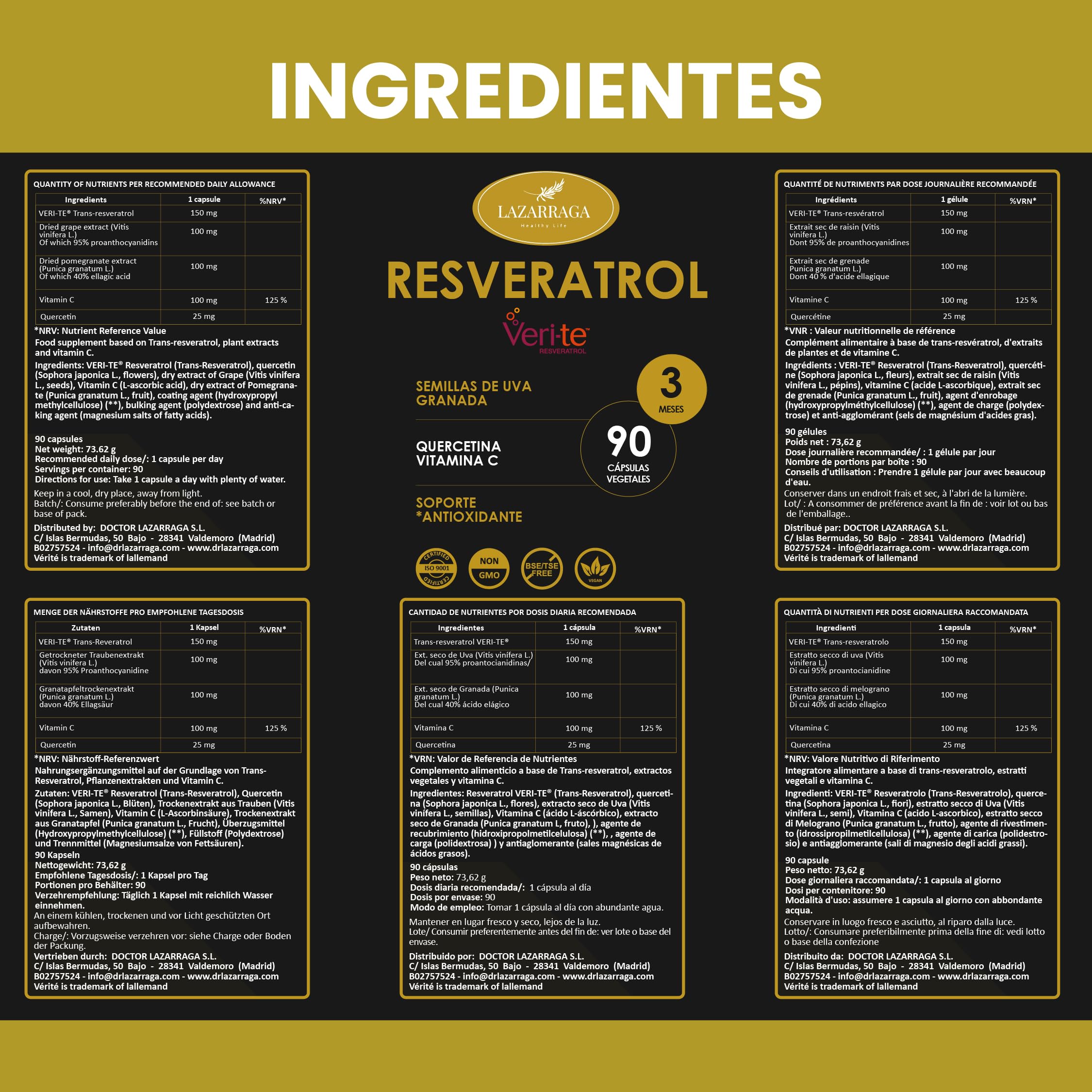 RESVERATROL POTENTE 5 EN 1 | Antioxidante Natural Puro y Antienvejecimiento | Granada + Uva + Quercetina + Vitamina C | Apoyo Cardiovascular y Sistema Inmune | 90 Cápsulas Vegano | 3 Meses | Lazarraga