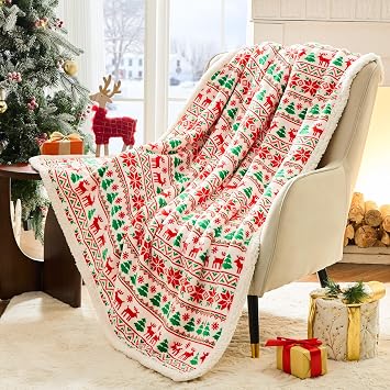 NORD ECO Christmas Throw Blanket, Christmas Decorations Gifts for Women, Sherpa Flannel Fleece Winter Holiday Blanket, Fluffy Cozy Soft Christams Throws for Couch Sofa Bed, RedReindeer, 50" X 60"