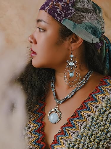 Miniatura 3 de MINACHI Multilayer Beads Chain Necklace, Turquoise-Toned Stone Pendant, Vintage Hippie Retro Bohemia Style, Fashion Jewelry for Women