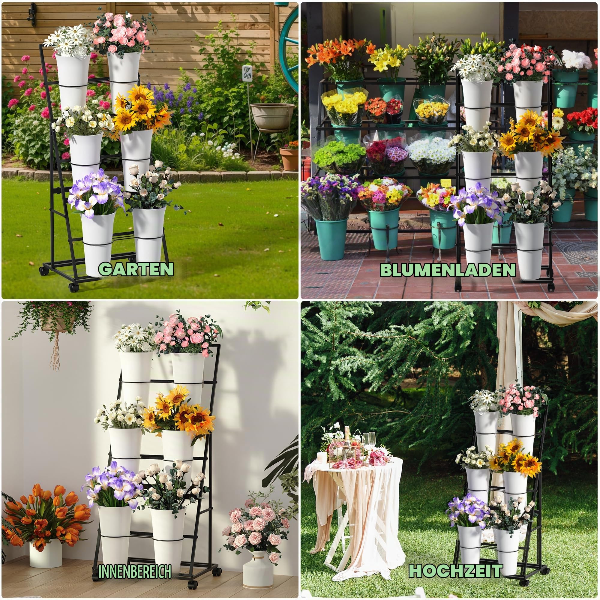 Alyoen Blumenständer mit Rollen und Eimern, 3 Etagen Blumenständer aus Metall mit 6 Eimern, Mobiler Pflanzenständer für Innen- und Außenbereiche, Hochzeiten, Blumenläden, Garten (Schwarz)