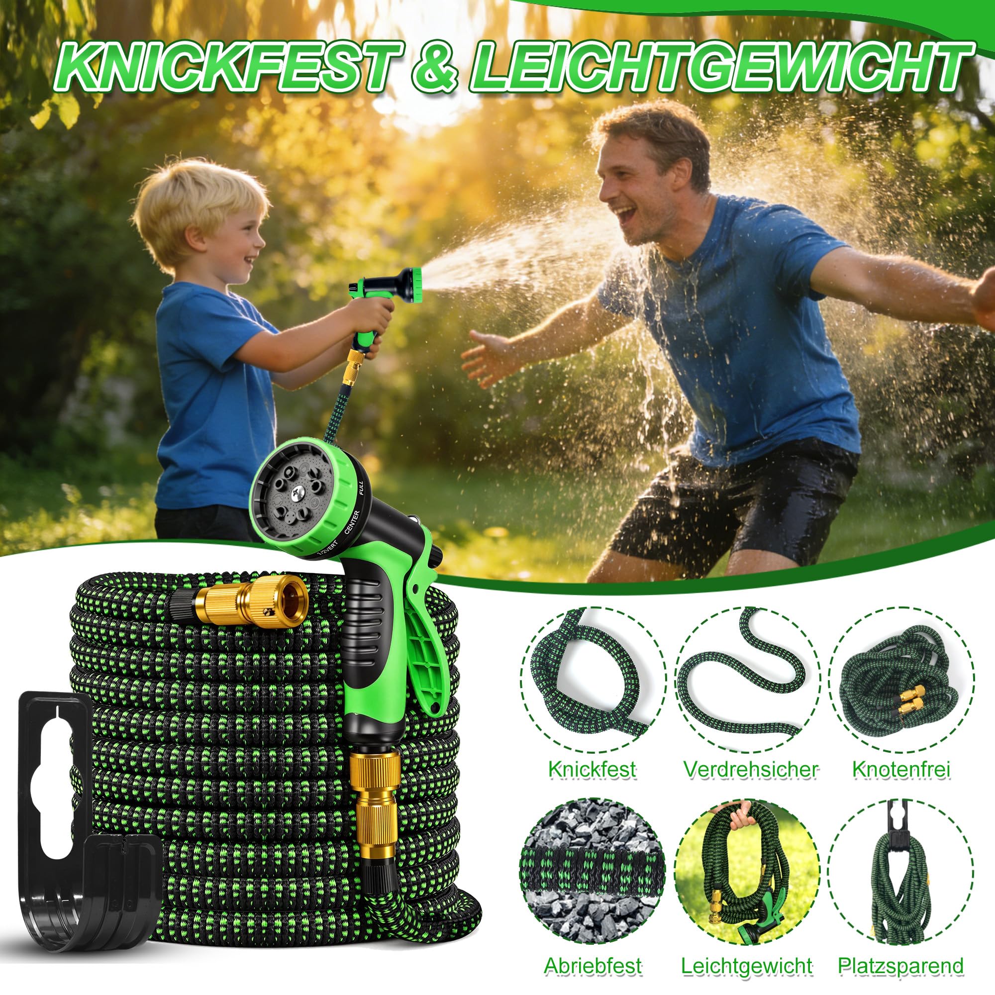 Flexibler Gartenschlauch 22,5 m (75 ft), dehnbarer Wasserschlauch mit 10-Funktions-Gartenbrause, 3/4"- und 1/2"-Anschlüsse, auslaufsicher, knickfrei, für Garten, Autowäsche und Haustierbaden